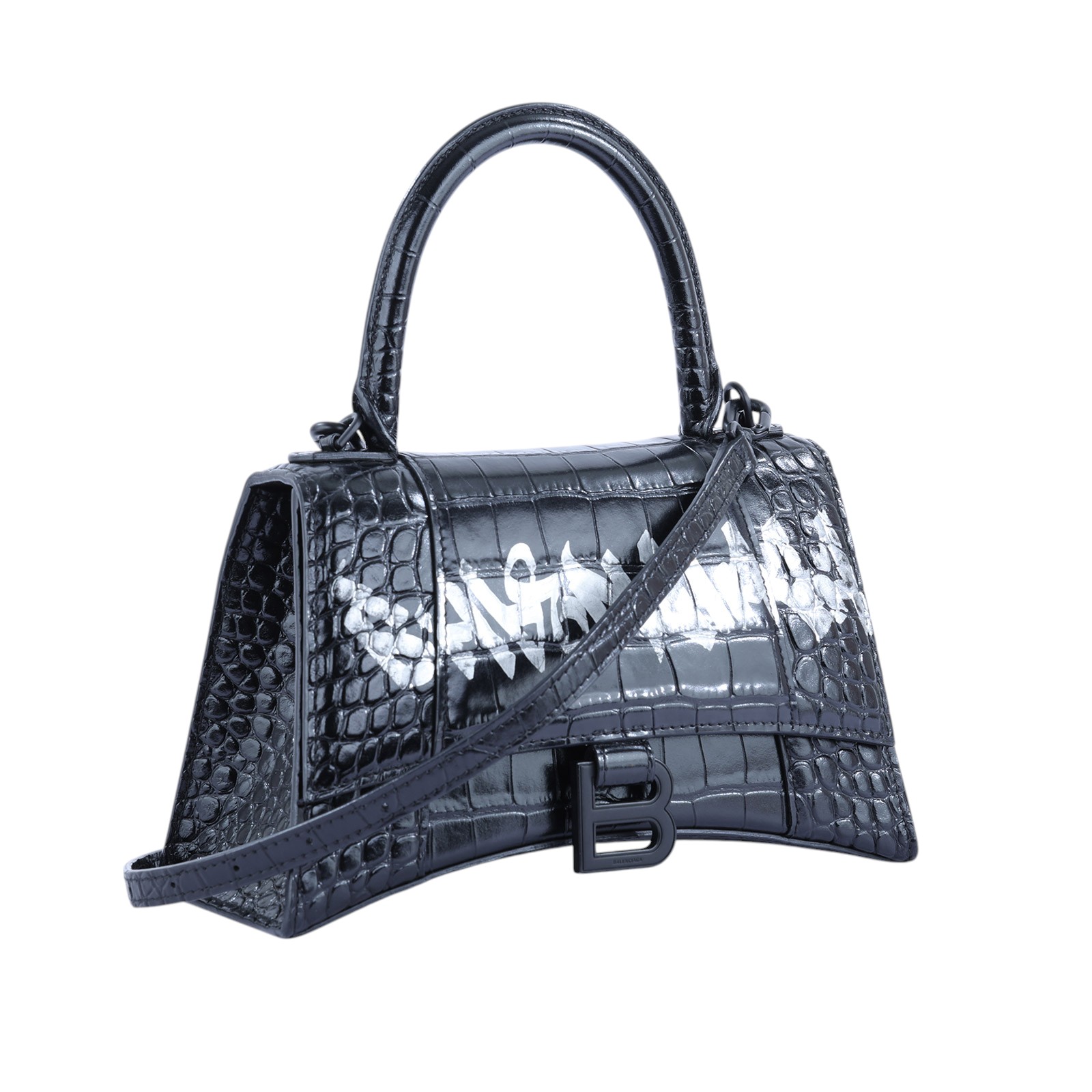 巴黎世家 BALENCIAGA Hourglass Small 手提包 Aya Nakamura 聯名  黑鱷魚壓紋HOURGLASS S號 背帶