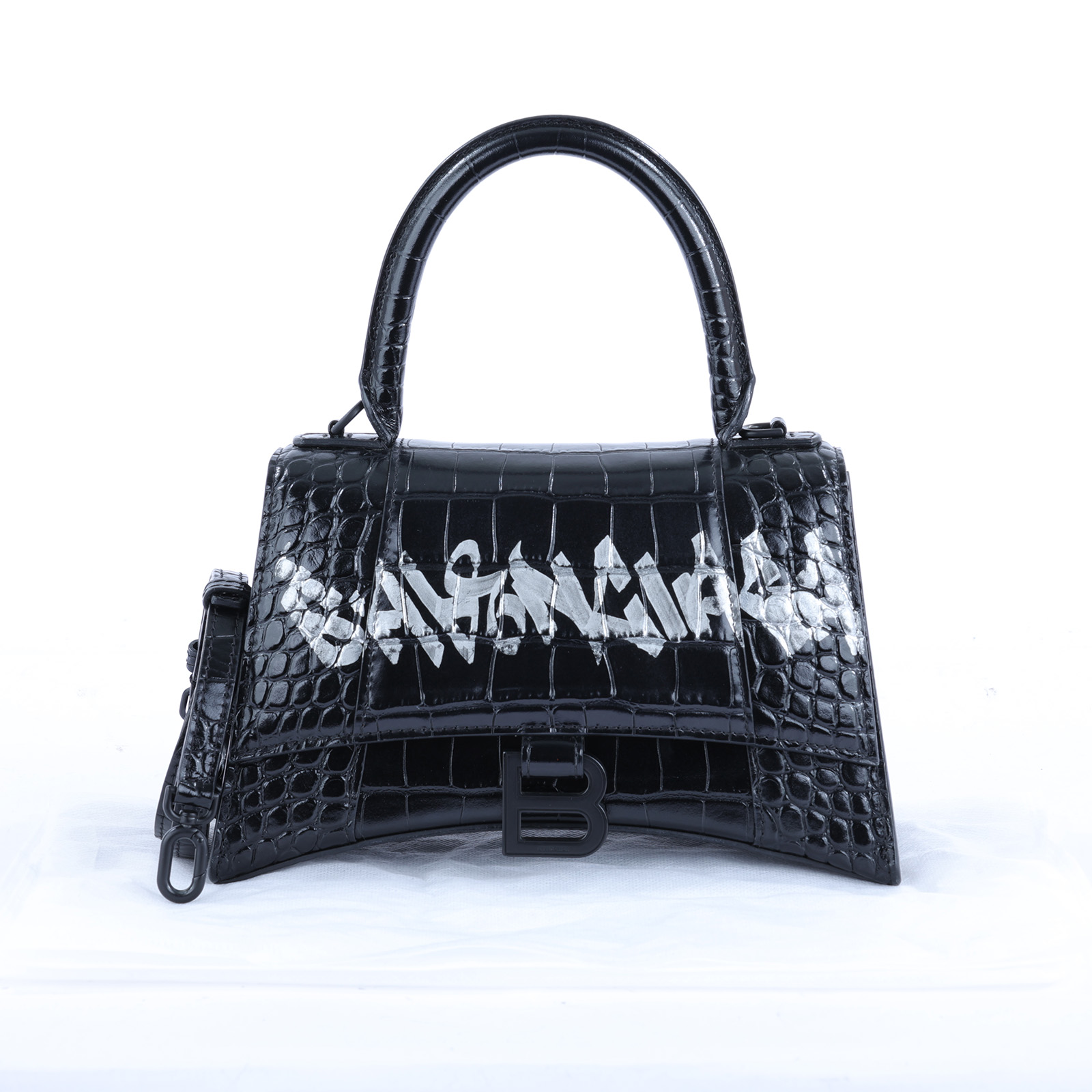巴黎世家 BALENCIAGA Hourglass Small 手提包 Aya Nakamura 聯名  黑鱷魚壓紋HOURGLASS S號 背帶