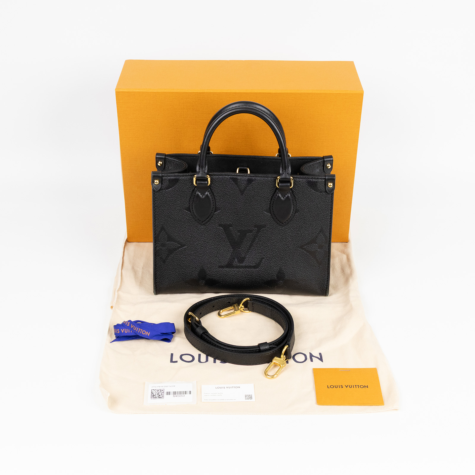 路易威登 LOUIS VUITTON OnTheGo PM 手提 肩背包 黑色 M45653 晶片款 黑原花壓紋ON THE GO PM 原廠盒子/防塵袋