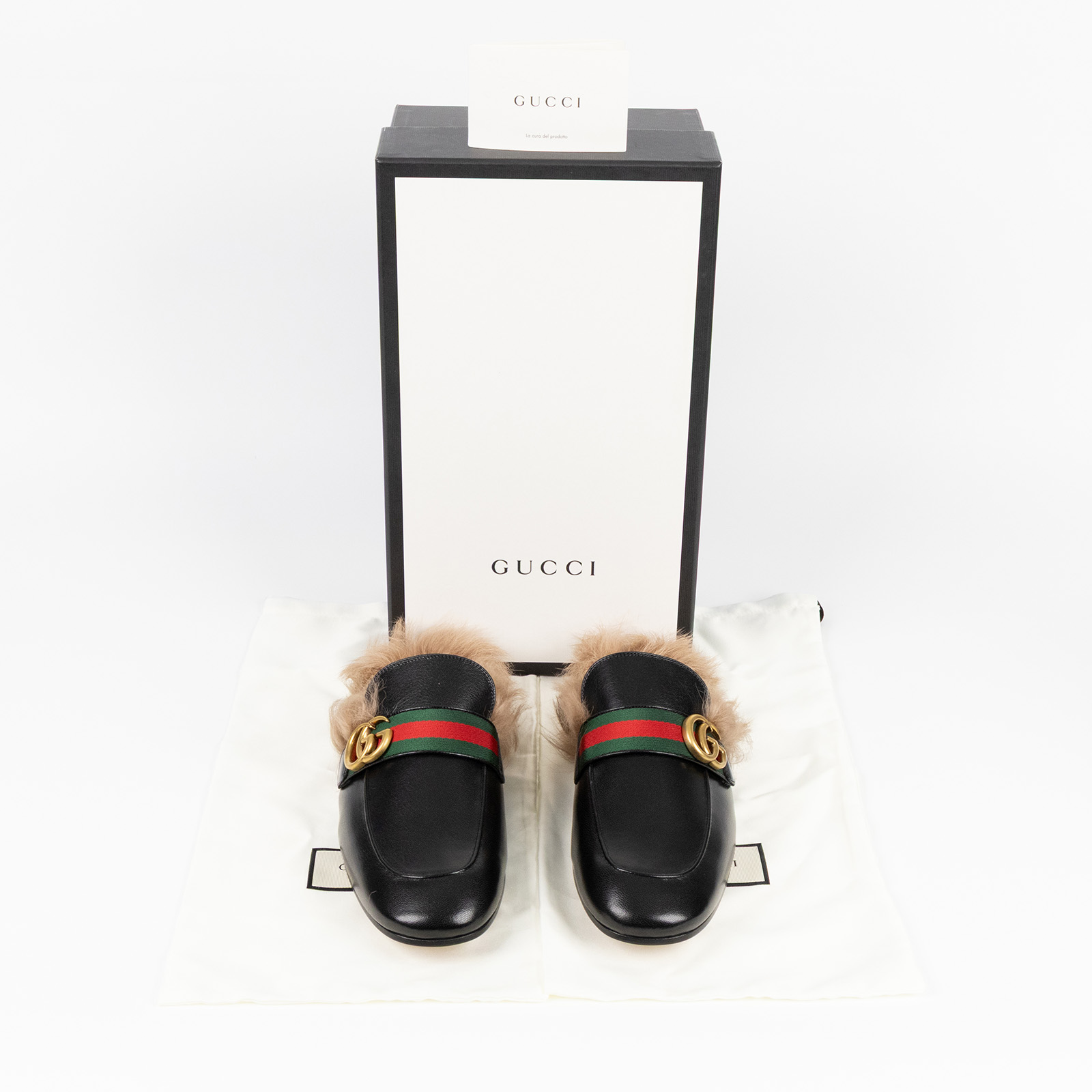 古馳 GUCCI GG 毛絨 拖鞋 469950_85 黑綠紅織帶雙GG毛毛拖鞋 原廠盒子/防塵袋