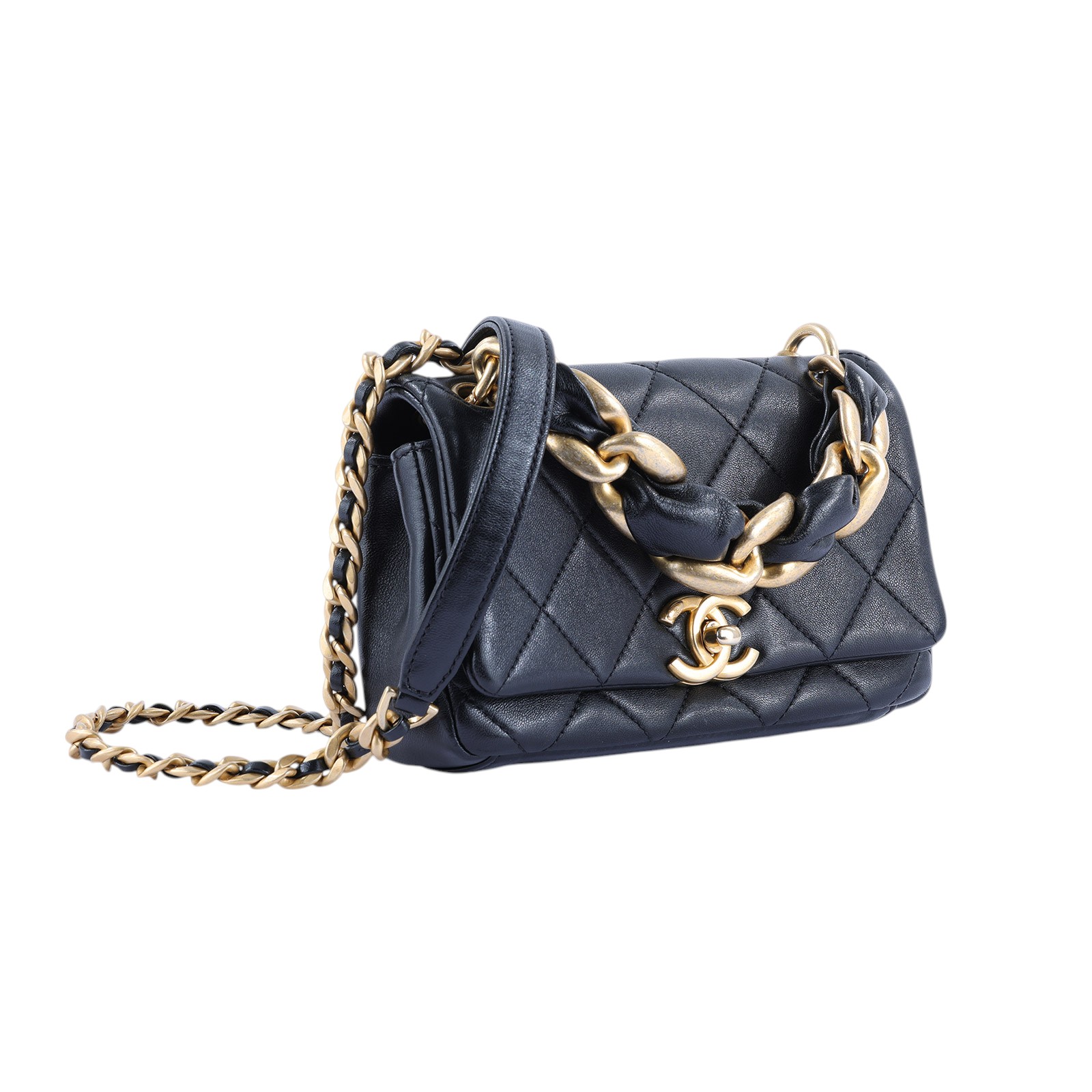 香奈兒 CHANEL CF 口蓋包 小型 AS2387 31開黑金寬皮穿鍊掀蓋包 原廠盒子/防塵袋/購買證明/購買證明影本