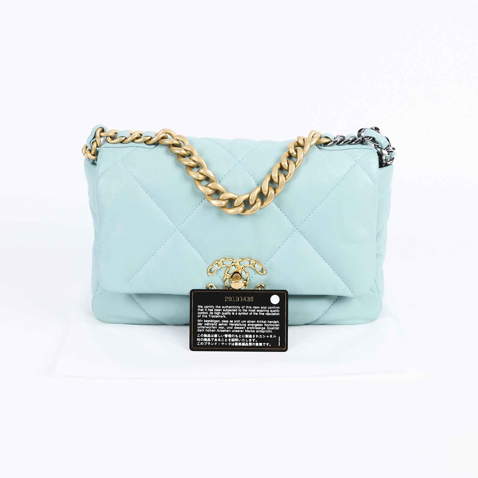 香奈兒 CHANEL 19 口蓋包 菱格紋 金銀鍊帶 手提 肩背包 AS1160 29開水藍19包26CM 保證卡