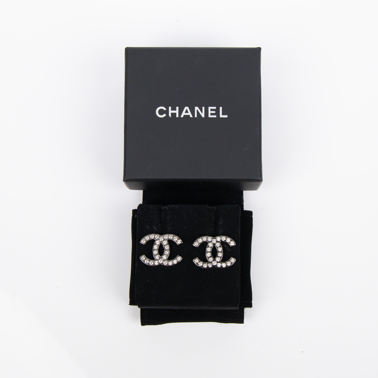 香奈兒 CHANEL 耳釘 B17 K 銀水鑽雙C耳環 原廠盒子