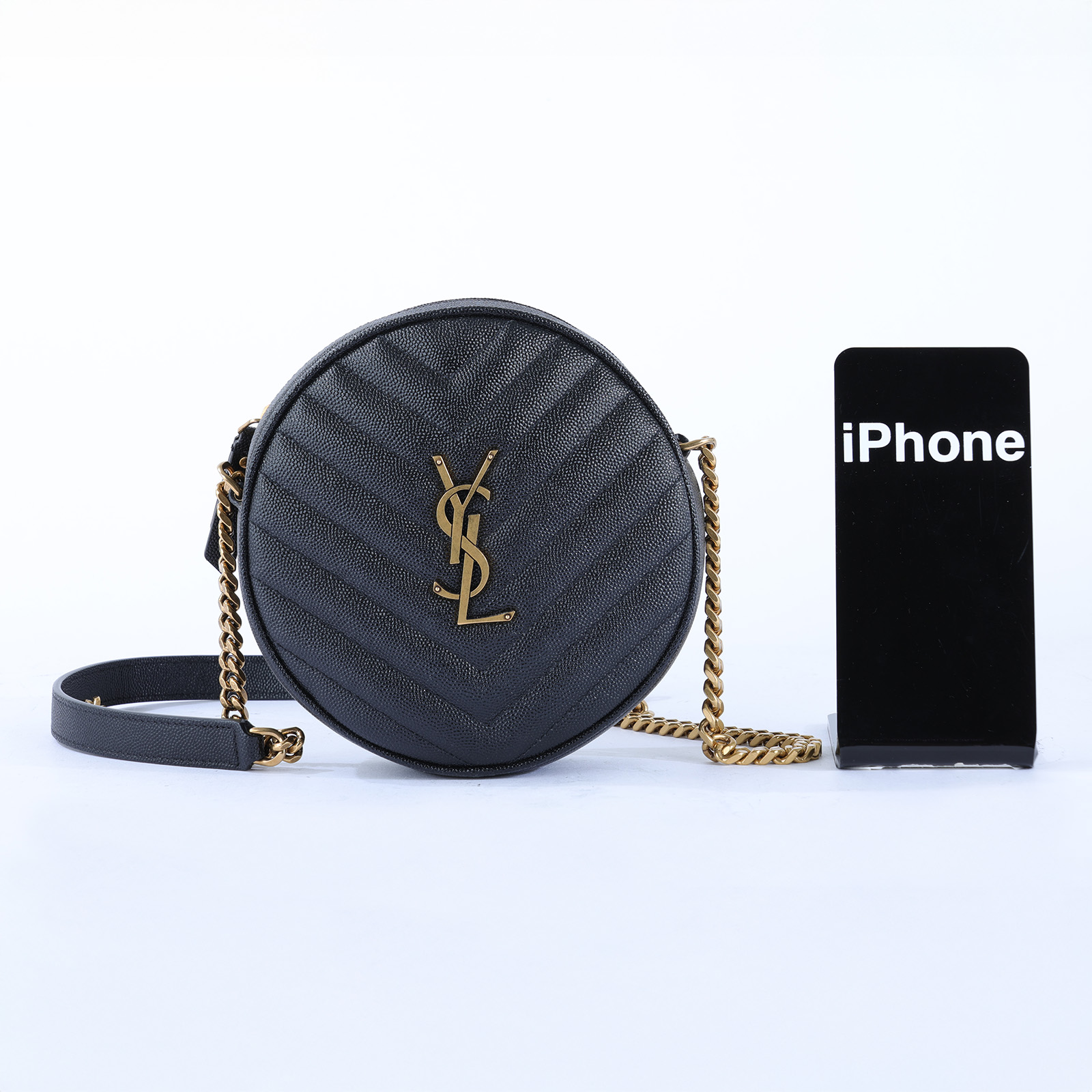 聖羅蘭 YSL SAINT LAURENT Vinyle 610436E9096 黑金魚子醬圓餅包 防塵袋