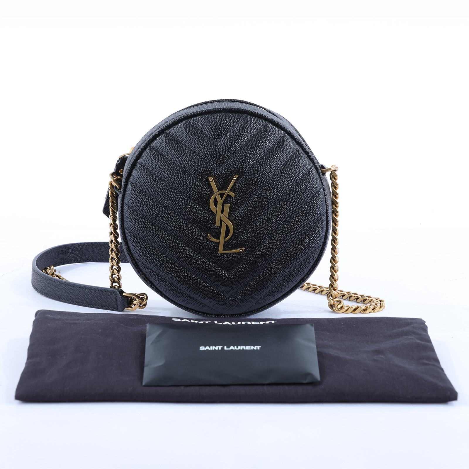 聖羅蘭 YSL SAINT LAURENT Vinyle 610436E9096 黑金魚子醬圓餅包 防塵袋