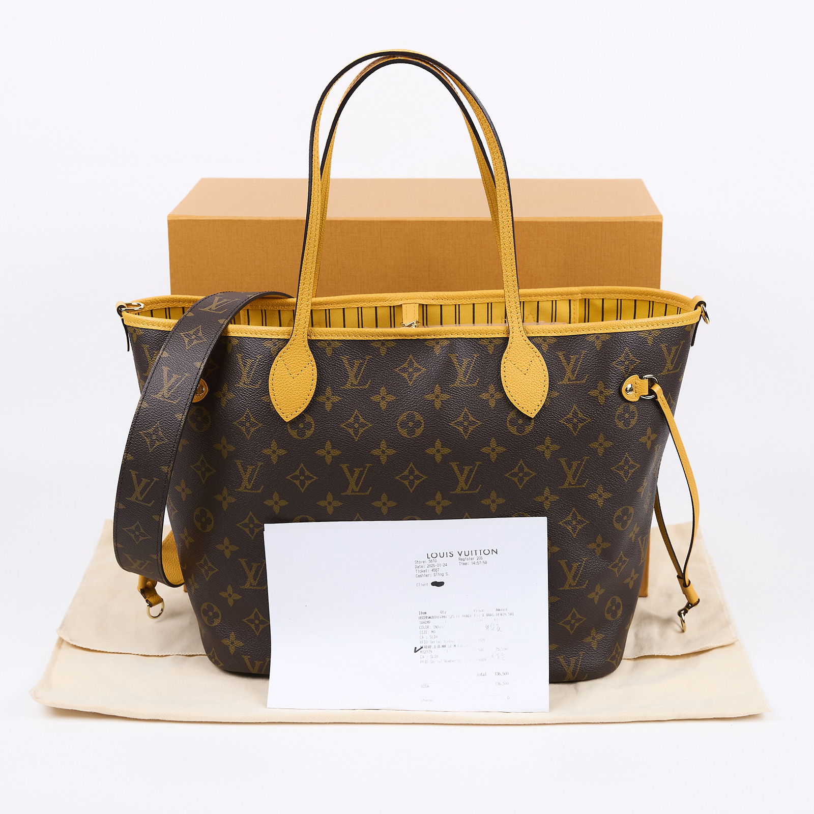 路易威登 LOUIS VUITTON 新款雙面設計 Neverfull Bandoulière Inside Out MM 芥末黃色 M12779 晶片款  原廠盒子/防塵袋/購買證明影本/背帶