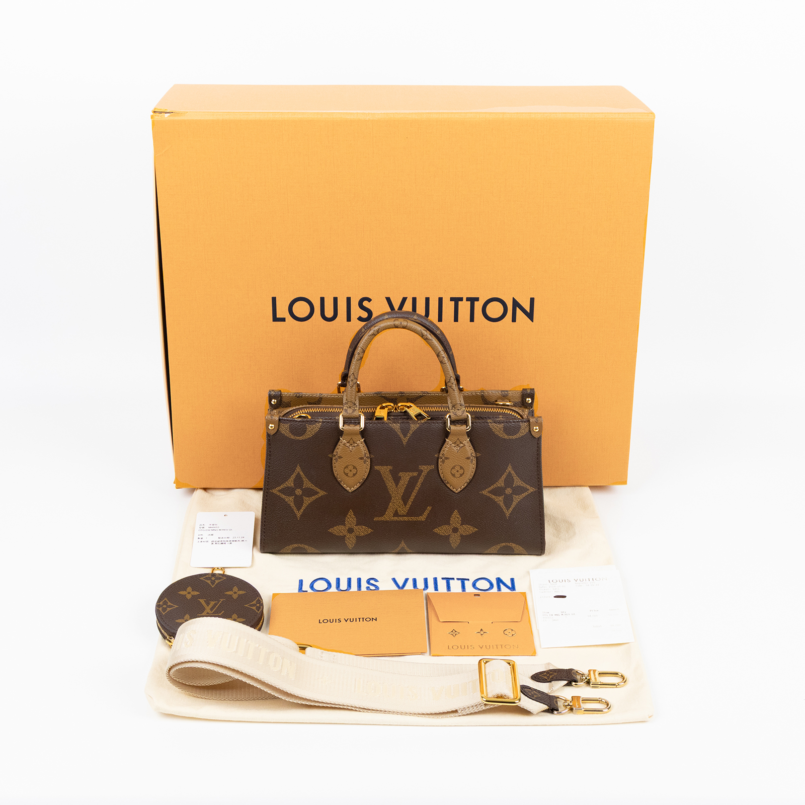 路易威登 LOUIS VUITTON OnTheGo East West 皮革飾邊 經典帆布 手提 斜背包 M46653 晶片款  原廠盒子/防塵袋/購買證明/背帶/內袋
