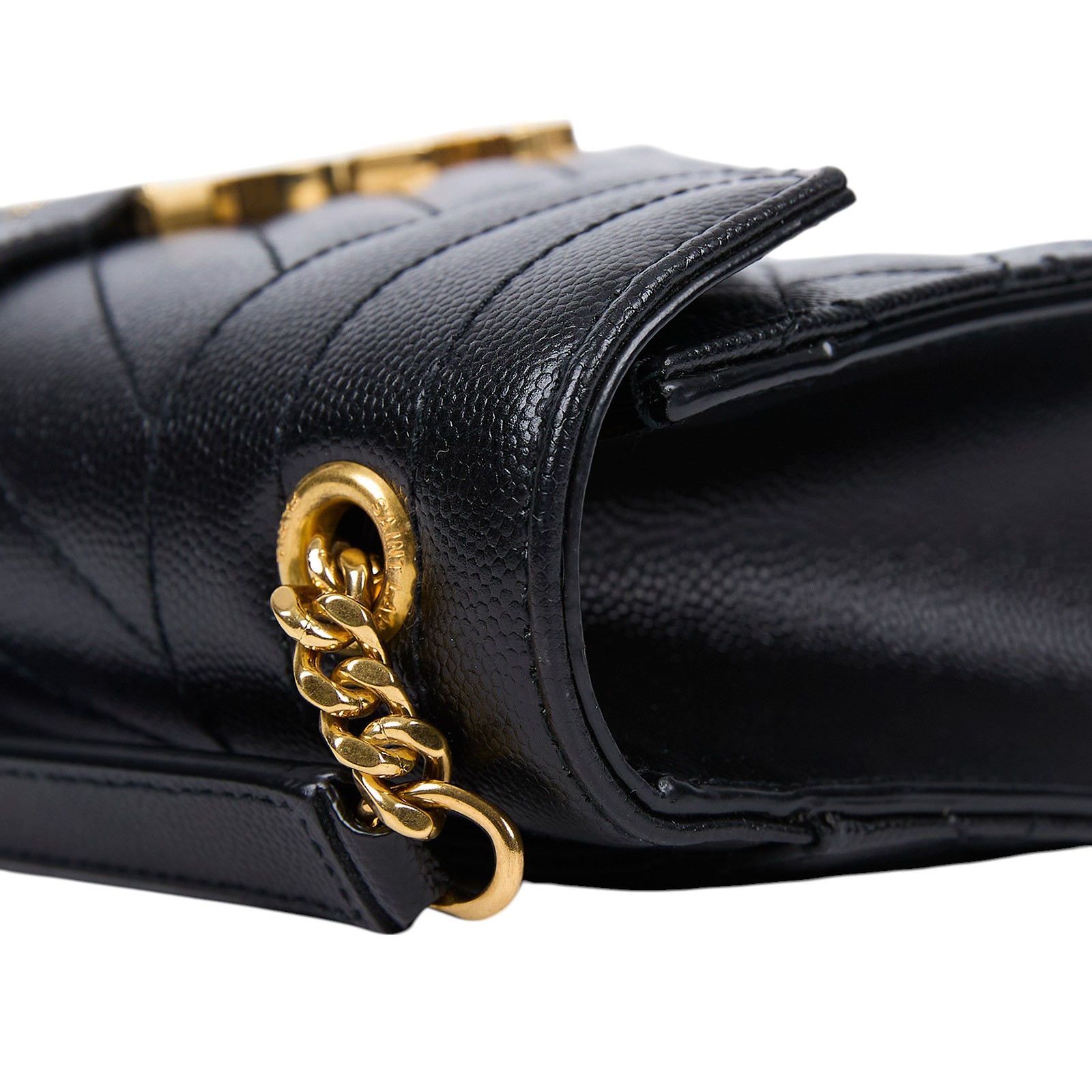 聖羅蘭 YSL SAINT LAURENT Envelope 粒面絎縫皮革 小型 信封袋 600195BOW91 黑縫線粒面壓紋皮革信封包 購買證明