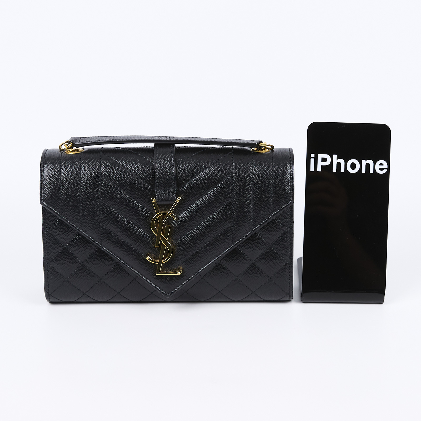聖羅蘭 YSL SAINT LAURENT Envelope 粒面絎縫皮革 小型 信封袋 600195BOW91 黑縫線粒面壓紋皮革信封包 購買證明