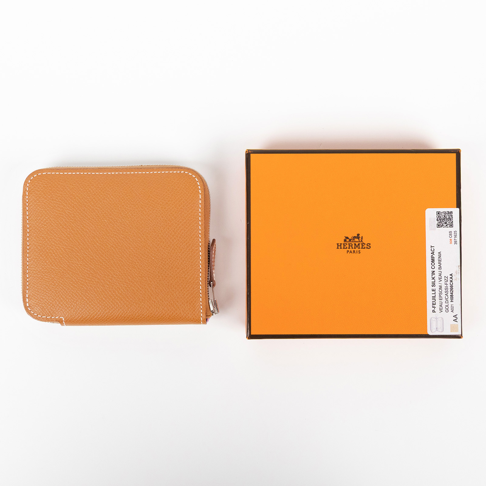 愛馬仕 Hermès SilkIn 拉鍊 絲巾 短夾 錢包 SILK W刻 金棕絲巾短夾 原廠盒子