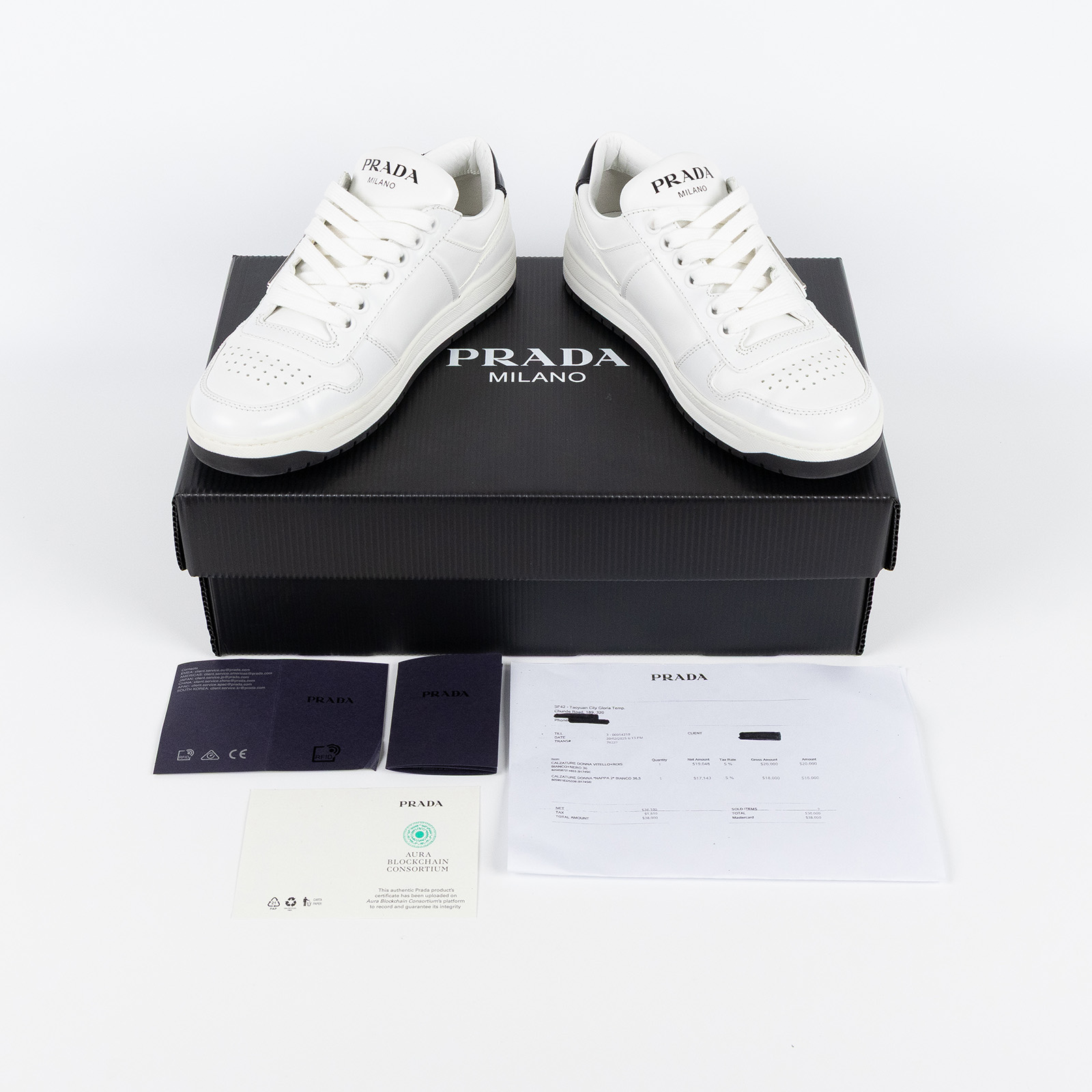 普拉達 PRADA Downtown 通花皮革 運動鞋 1E792M_3LKG_37 白運動鞋 原廠盒子/購買證明