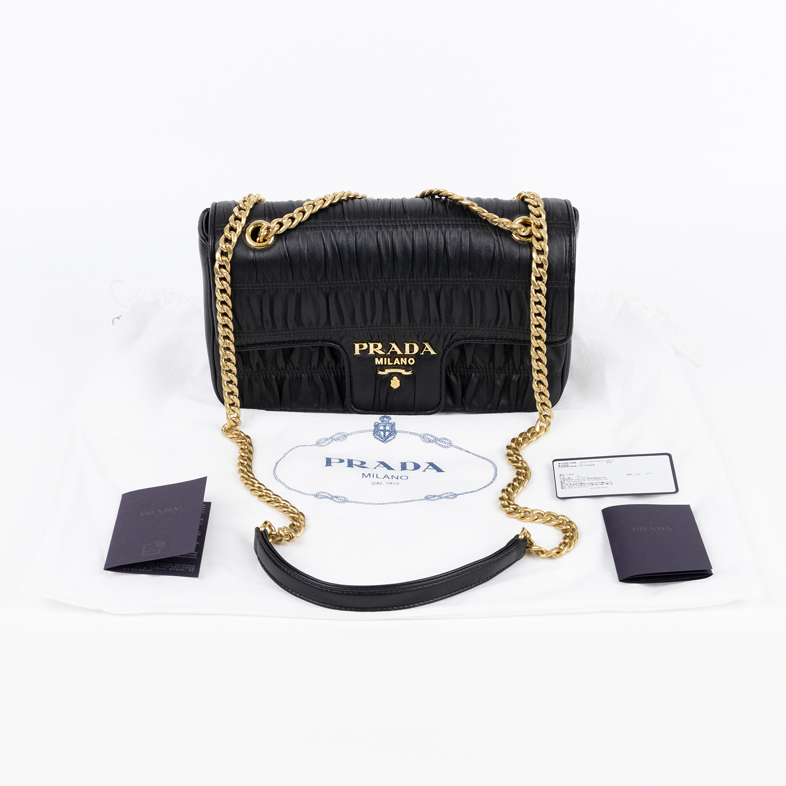 普拉達 PRADA Gaufre 肩背 口蓋包 1BD235_2B25 黑抓皺鍊包 防塵袋/保證卡