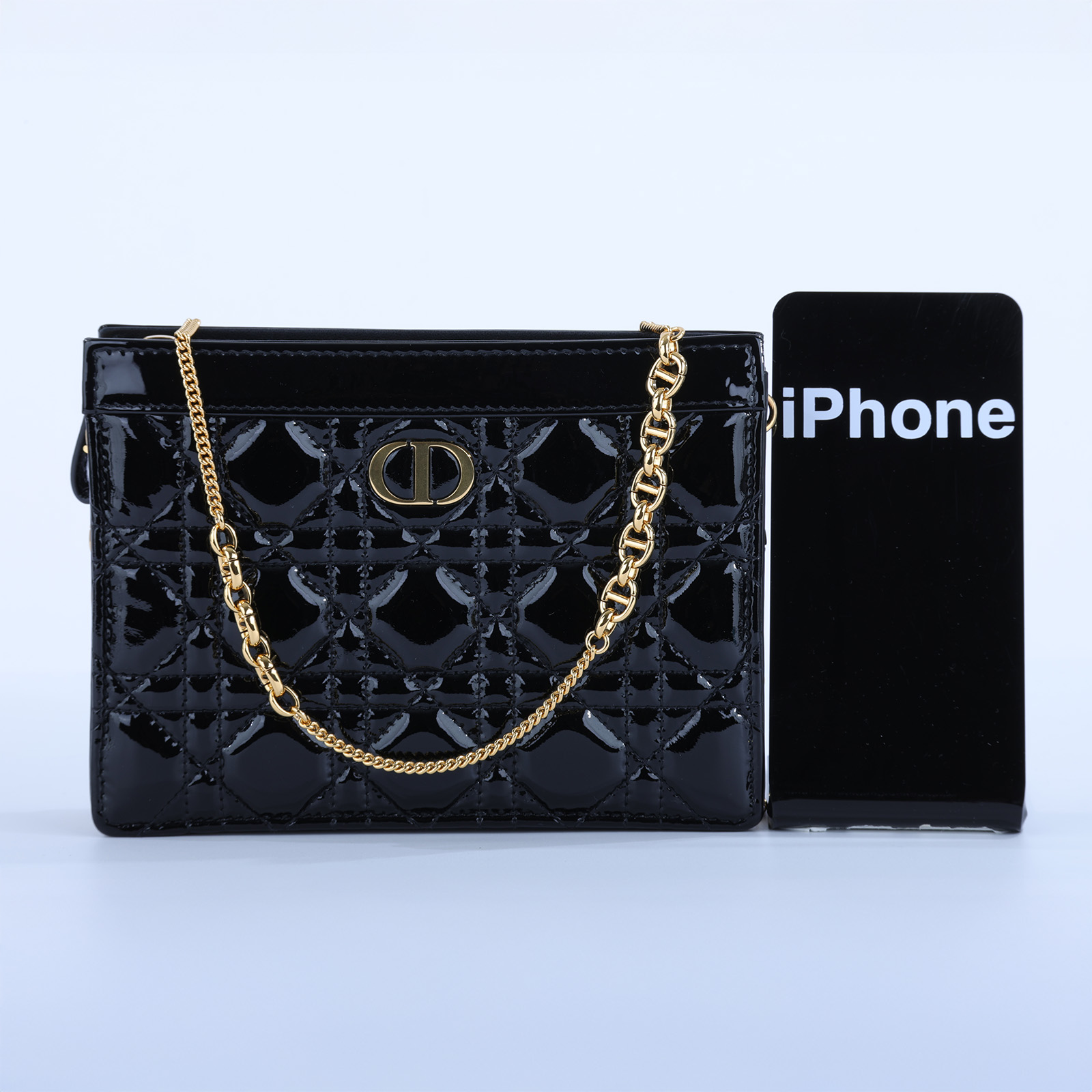迪奧 CHRISTIAN DIOR Caro Pouch With Chain 拉鍊 鏈帶包 漆皮 S5106UWFQ 黑漆皮CARO鍊包 防塵袋