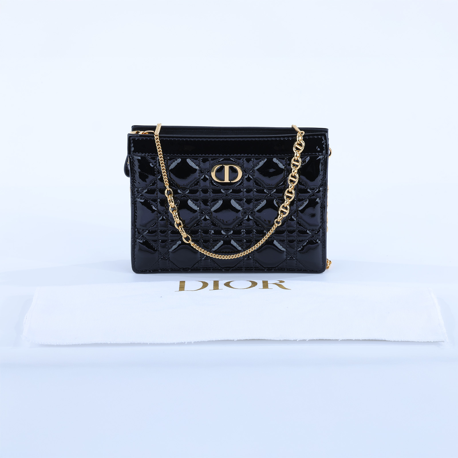 迪奧 CHRISTIAN DIOR Caro Pouch With Chain 拉鍊 鏈帶包 漆皮 S5106UWFQ 黑漆皮CARO鍊包 防塵袋