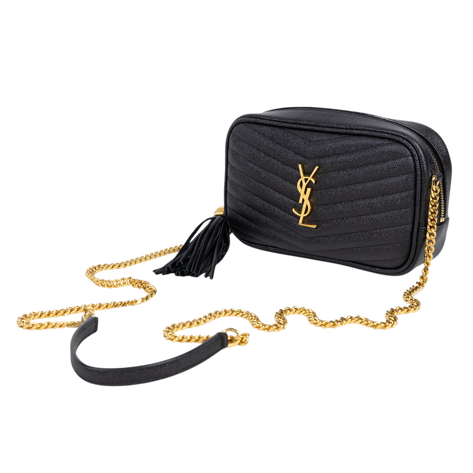 聖羅蘭 YSL SAINT LAURENT Lou 迷你 鏈條 斜跨包 金色五金 6125791GF01 黑金流蘇相機包 防塵袋