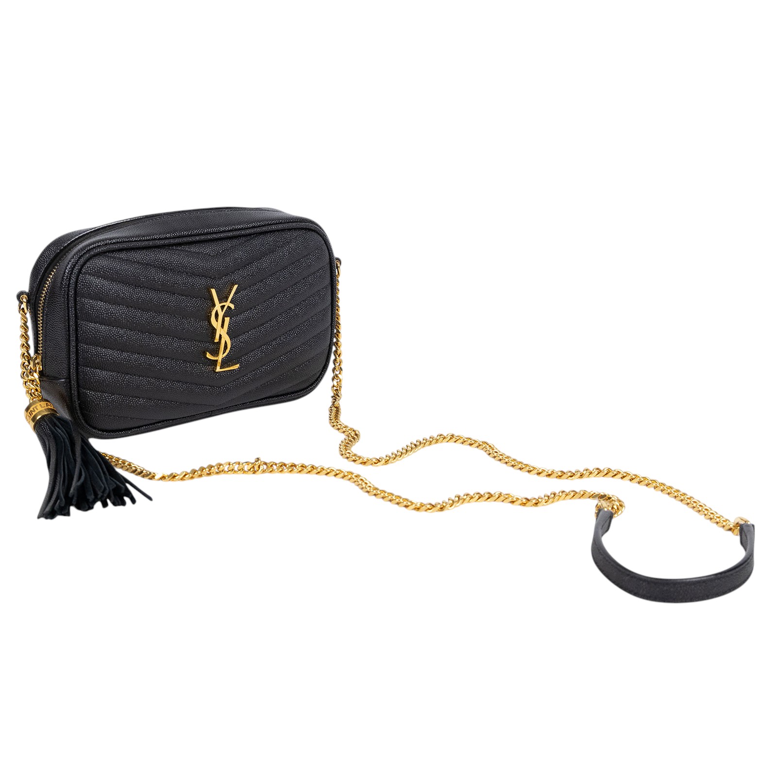 聖羅蘭 YSL SAINT LAURENT Lou 迷你 鏈條 斜跨包 金色五金 6125791GF01 黑金流蘇相機包 防塵袋