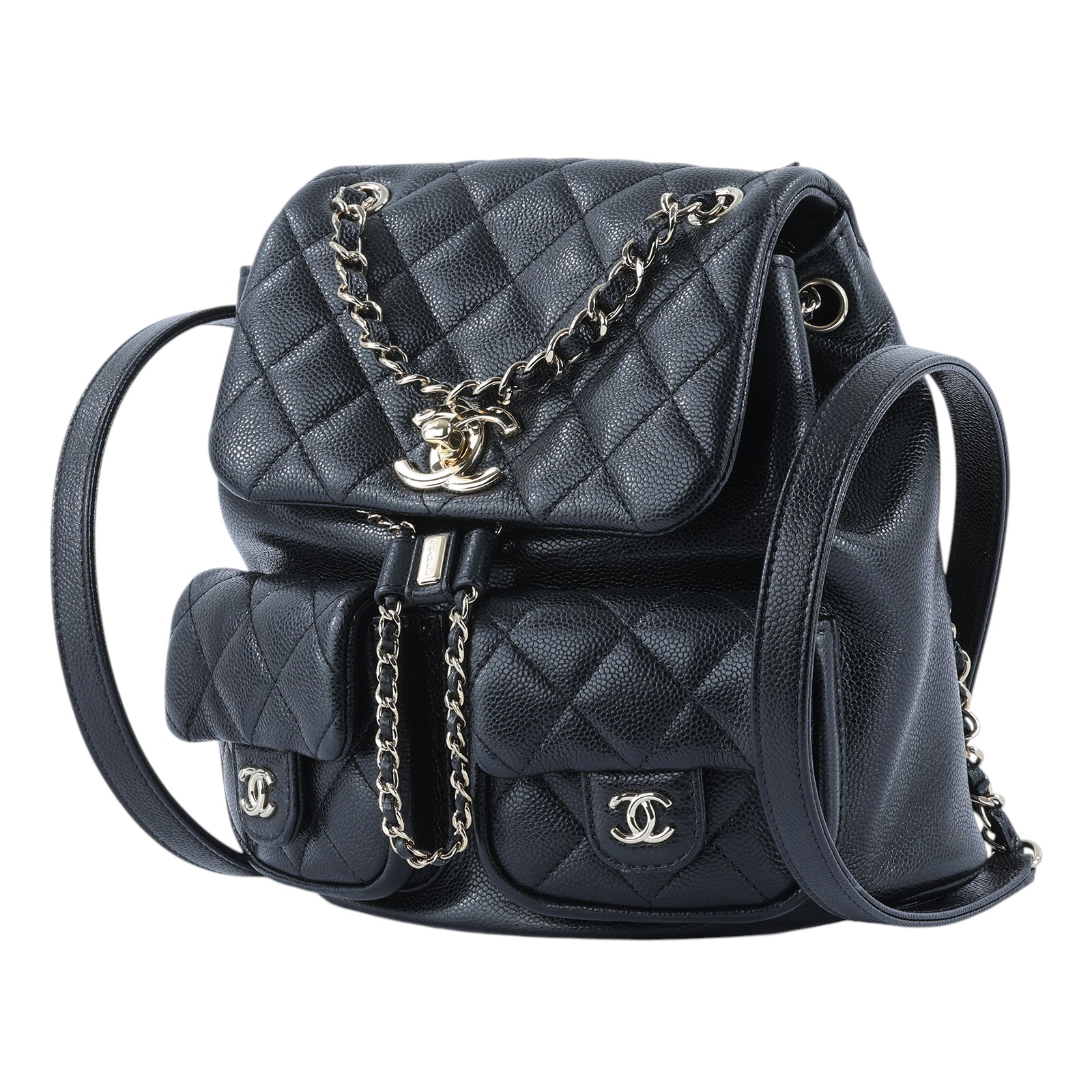 香奈兒 CHANEL Duma 經典 CC Logo 菱格紋 雙肩 後背包 AS3860 晶片款 黑金荔枝DUMA雙口袋後背包 原廠盒子/國外購買證明