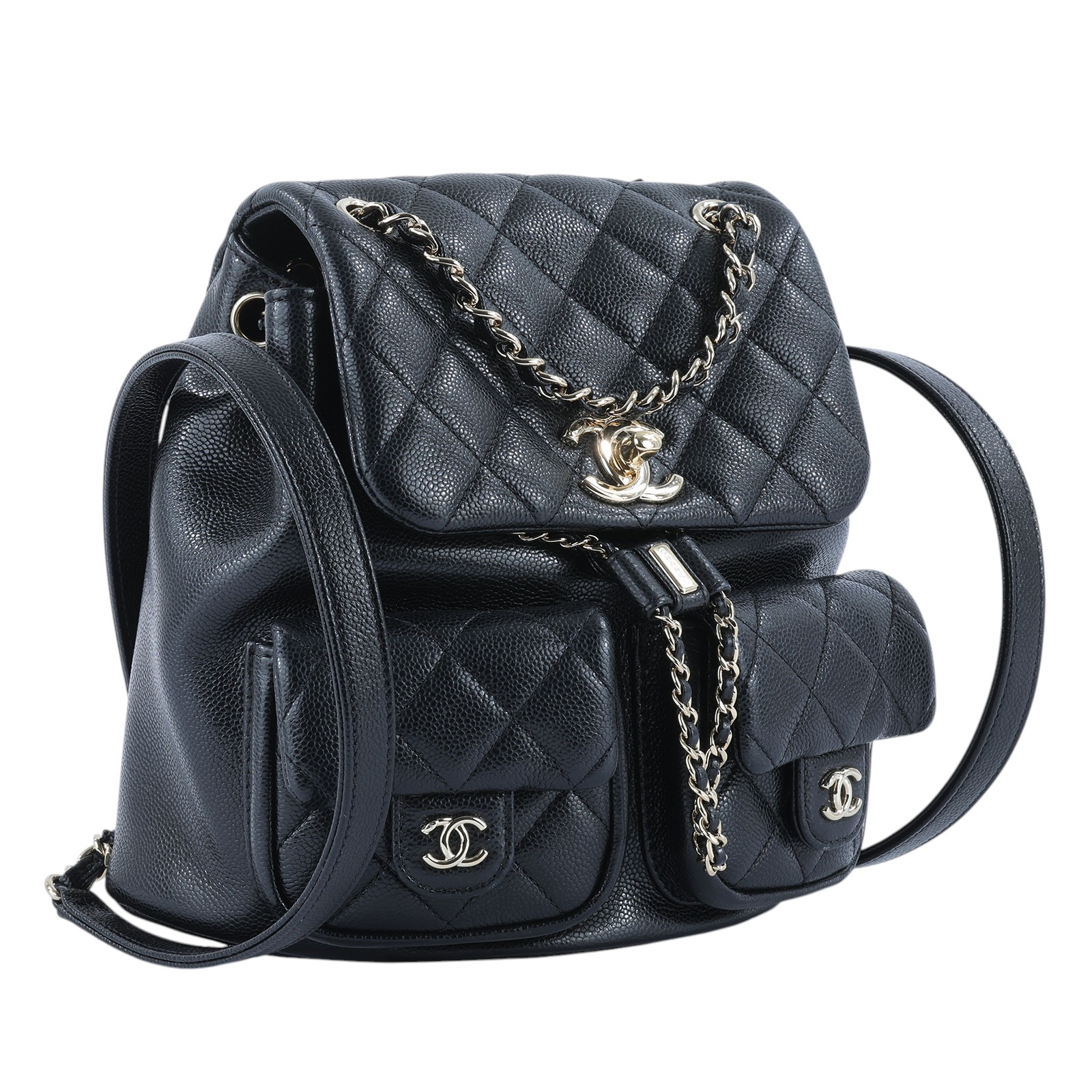 香奈兒 CHANEL Duma 經典 CC Logo 菱格紋 雙肩 後背包 AS3860 晶片款 黑金荔枝DUMA雙口袋後背包 原廠盒子/國外購買證明