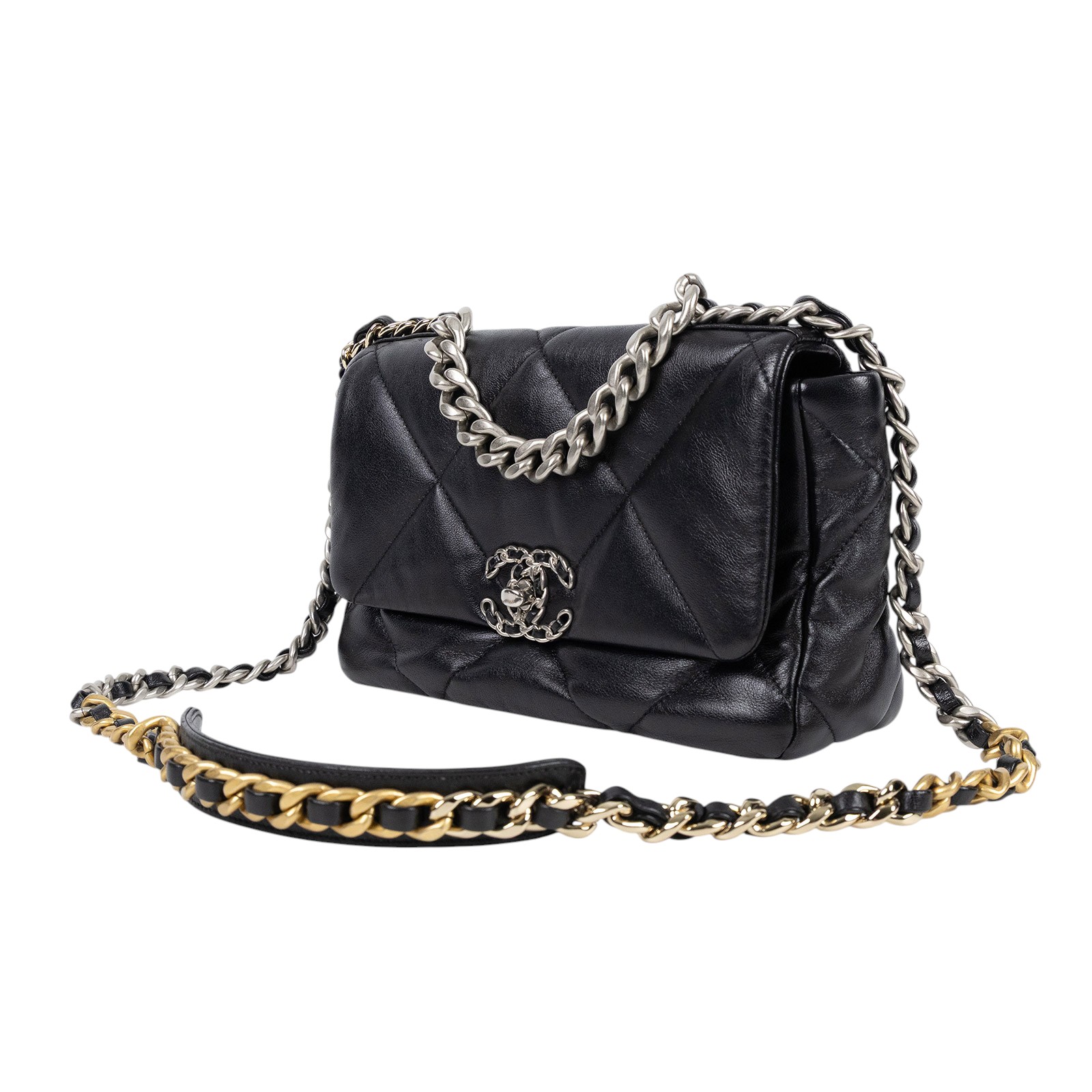 香奈兒 CHANEL 19 口蓋包 菱格紋 金銀鍊帶 手提 肩背包 AS1160 B07327 黑銀19包 26CM 原廠盒子/防塵袋/購買證明影本