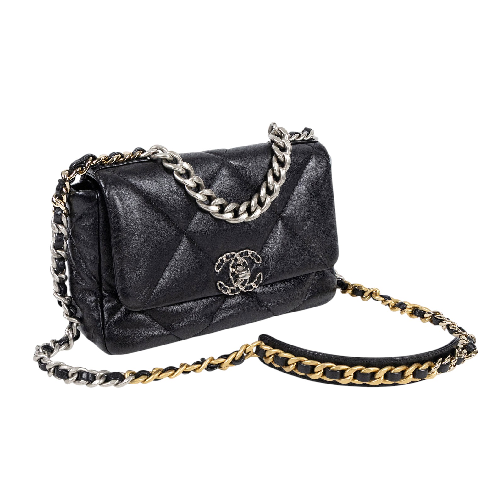 香奈兒 CHANEL 19 口蓋包 菱格紋 金銀鍊帶 手提 肩背包 AS1160 B07327 黑銀19包 26CM 原廠盒子/防塵袋/購買證明影本