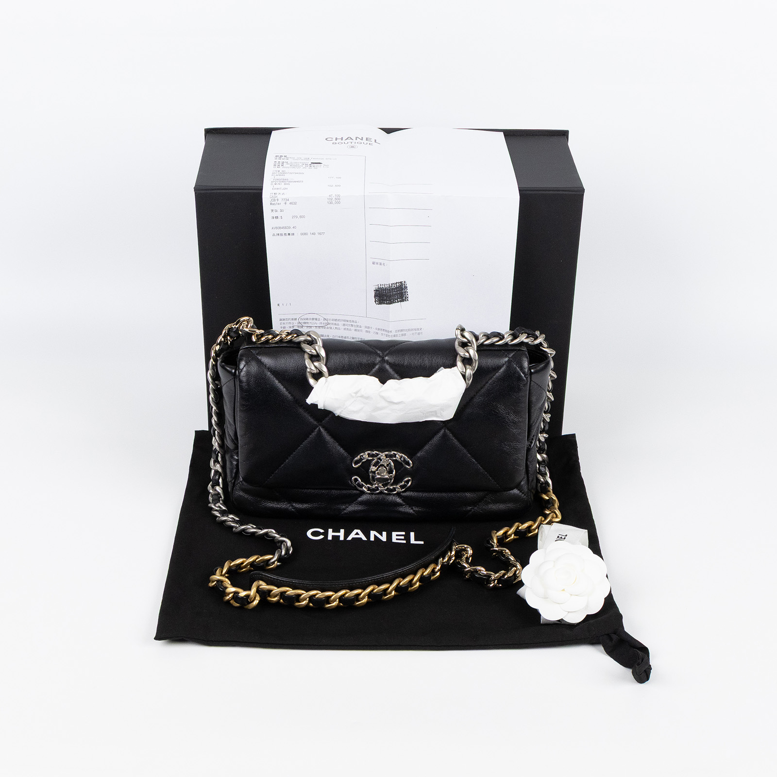 香奈兒 CHANEL 19 口蓋包 菱格紋 金銀鍊帶 手提 肩背包 AS1160 B07327 黑銀19包 26CM 原廠盒子/防塵袋/購買證明影本