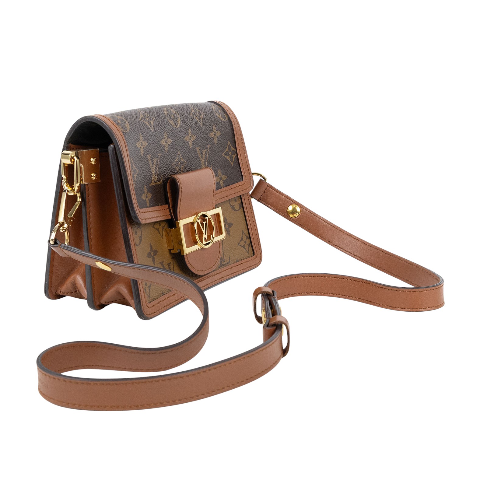 路易威登 LOUIS VUITTON Mini Dauphine 達芙妮 Reverse皮革飾邊 帆布肩背 斜背包 M45959 晶片款  原廠盒子/防塵袋/購買證明