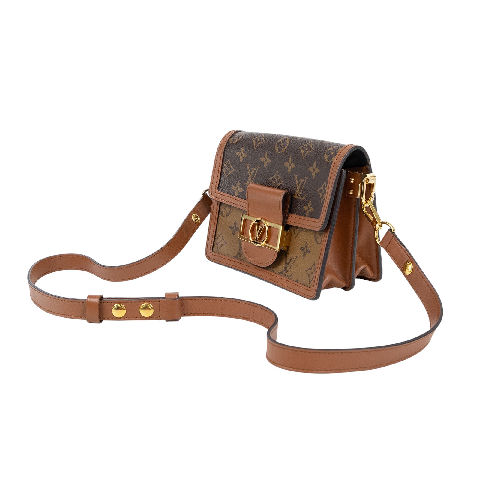 路易威登 LOUIS VUITTON Mini Dauphine 達芙妮 Reverse皮革飾邊 帆布肩背 斜背包 M45959 晶片款  原廠盒子/防塵袋/購買證明