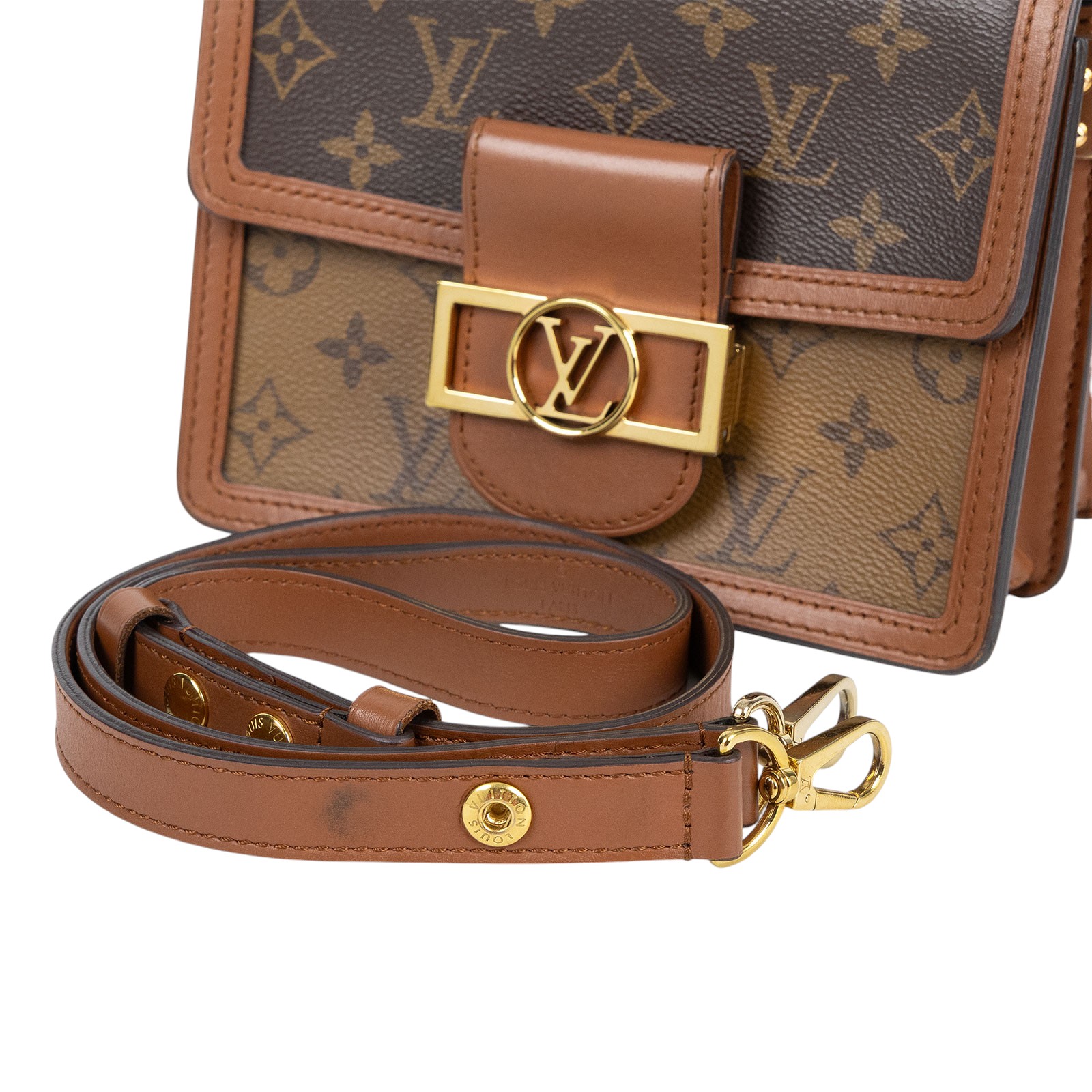 路易威登 LOUIS VUITTON Mini Dauphine 達芙妮 Reverse皮革飾邊 帆布肩背 斜背包 M45959 晶片款  原廠盒子/防塵袋/購買證明