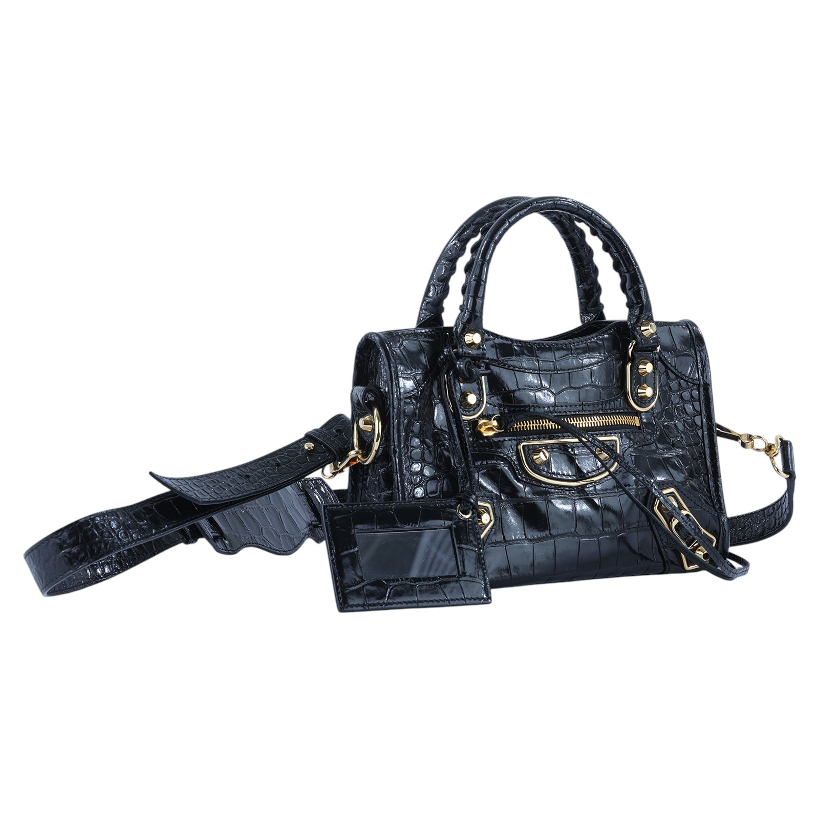 巴黎世家 BALENCIAGA Giant Mini City 鱷魚壓紋 機車包 3901601RO6G 黑金鱷魚壓紋MINI CITY 防塵袋/購買證明