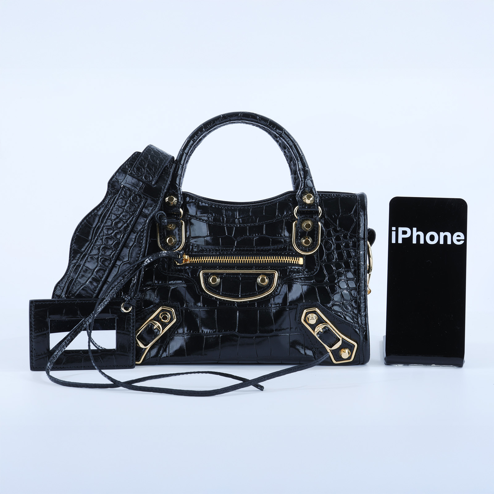 巴黎世家 BALENCIAGA Giant Mini City 鱷魚壓紋 機車包 3901601RO6G 黑金鱷魚壓紋MINI CITY 防塵袋/購買證明