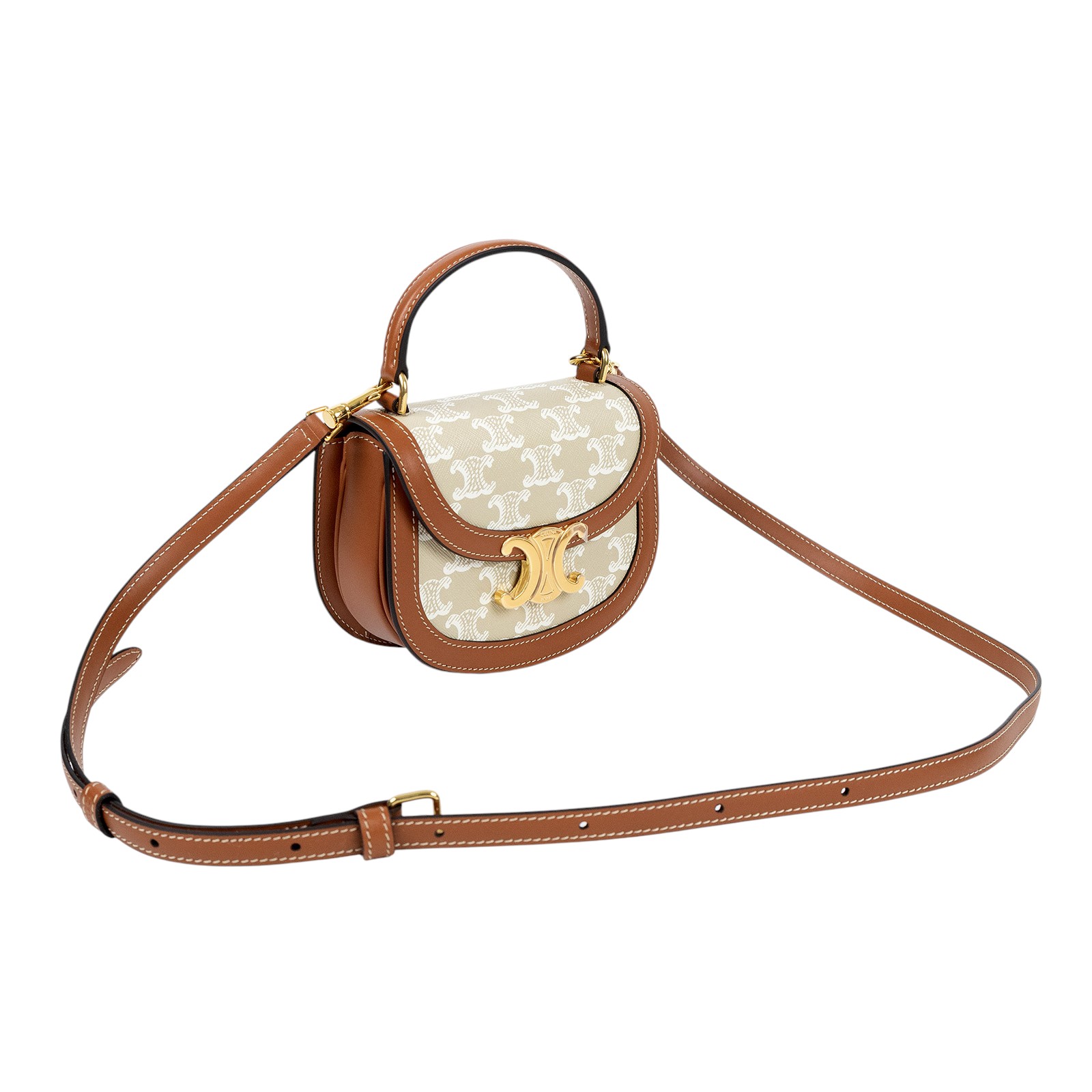 思琳 CELINE Besace Clea 迷你 米色 10K502FIJ 米灰BESACE迷你凱旋門馬鞍單肩包 原廠盒子/防塵袋