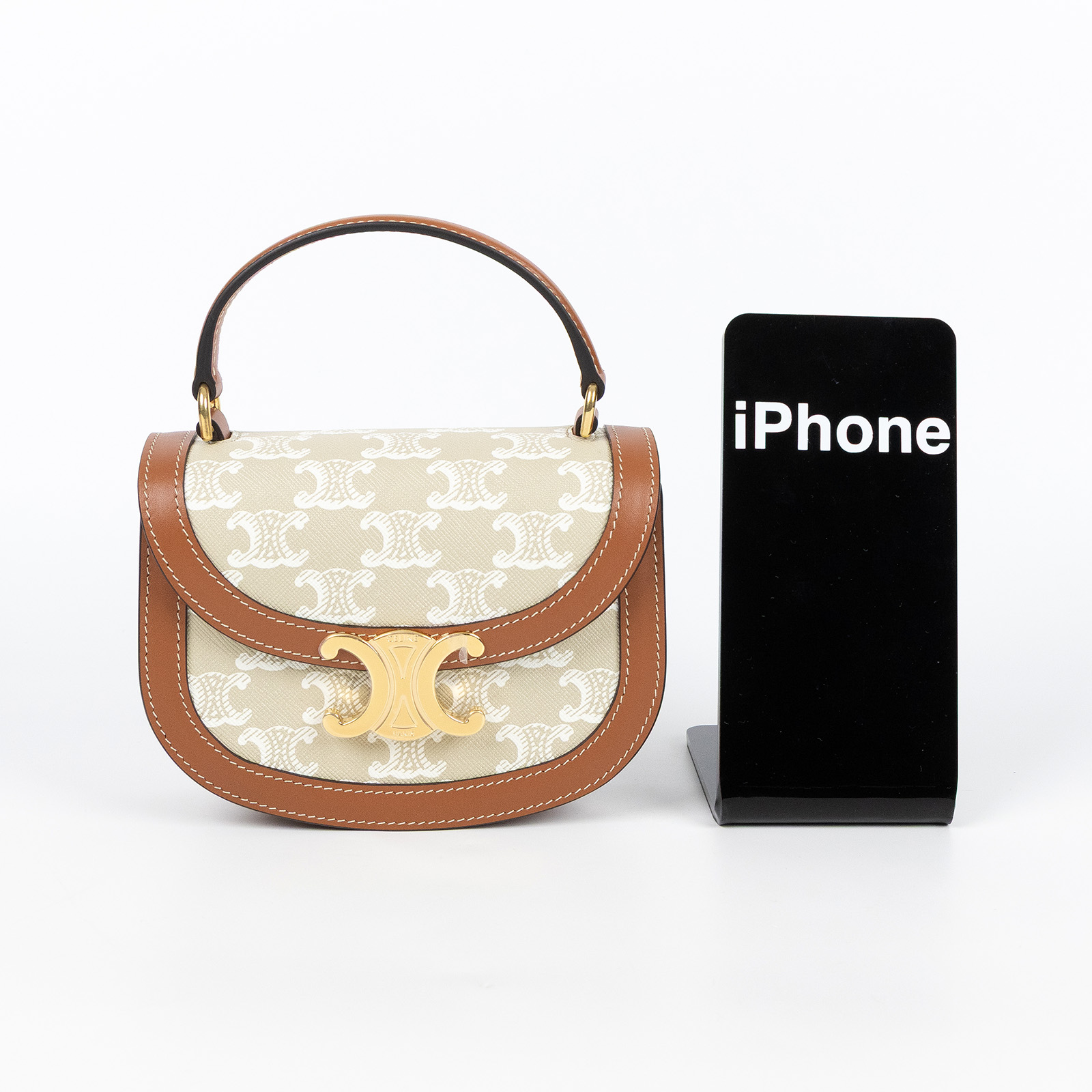 思琳 CELINE Besace Clea 迷你 米色 10K502FIJ 米灰BESACE迷你凱旋門馬鞍單肩包 原廠盒子/防塵袋