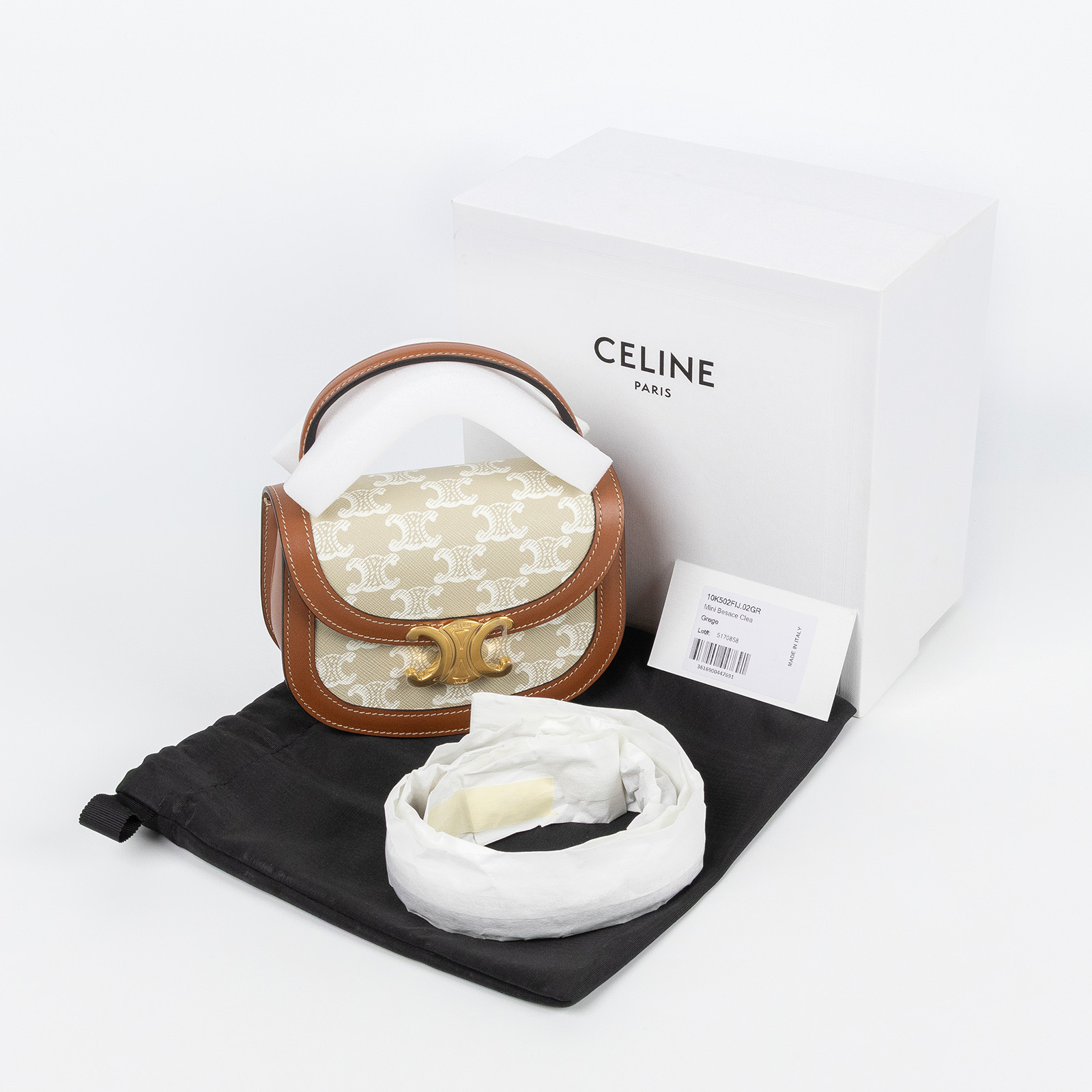 思琳 CELINE Besace Clea 迷你 米色 10K502FIJ 米灰BESACE迷你凱旋門馬鞍單肩包 原廠盒子/防塵袋