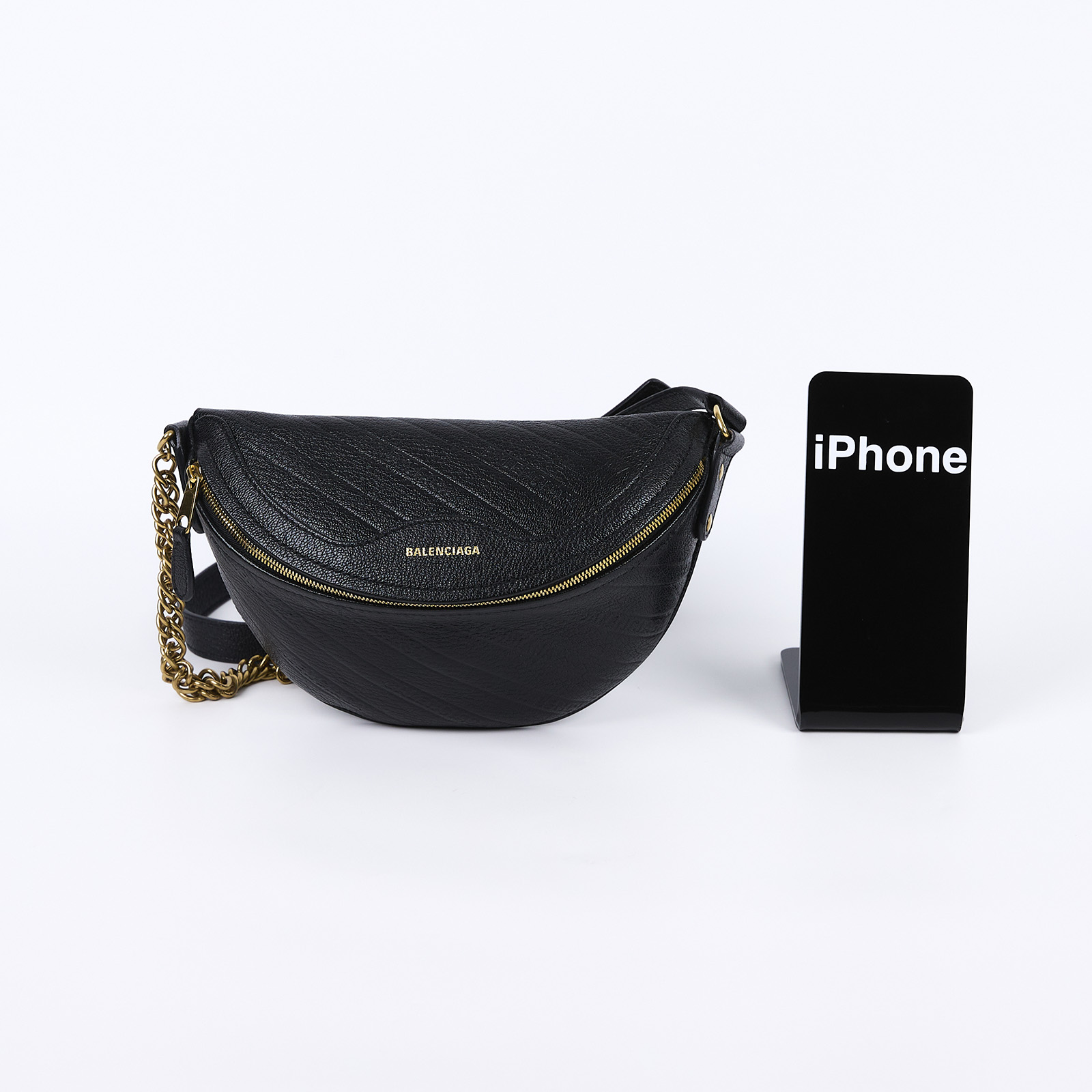 巴黎世家 BALENCIAGA Souvenirs XXS 腰包 胸包 565510AQ4CM 黑金斜紋小腰包 防塵袋