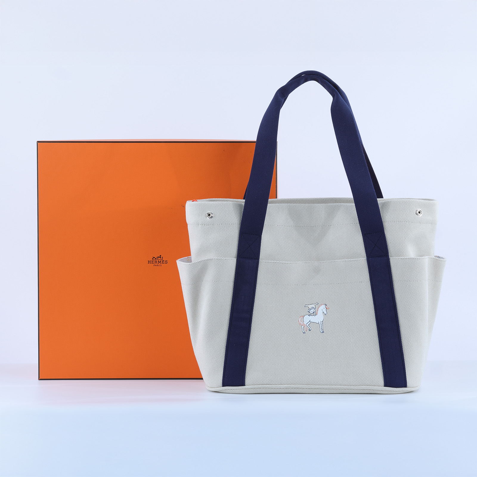 愛馬仕 Hermes Cabriole育兒包   卡其藍背袋媽媽包 原廠盒子/墊子