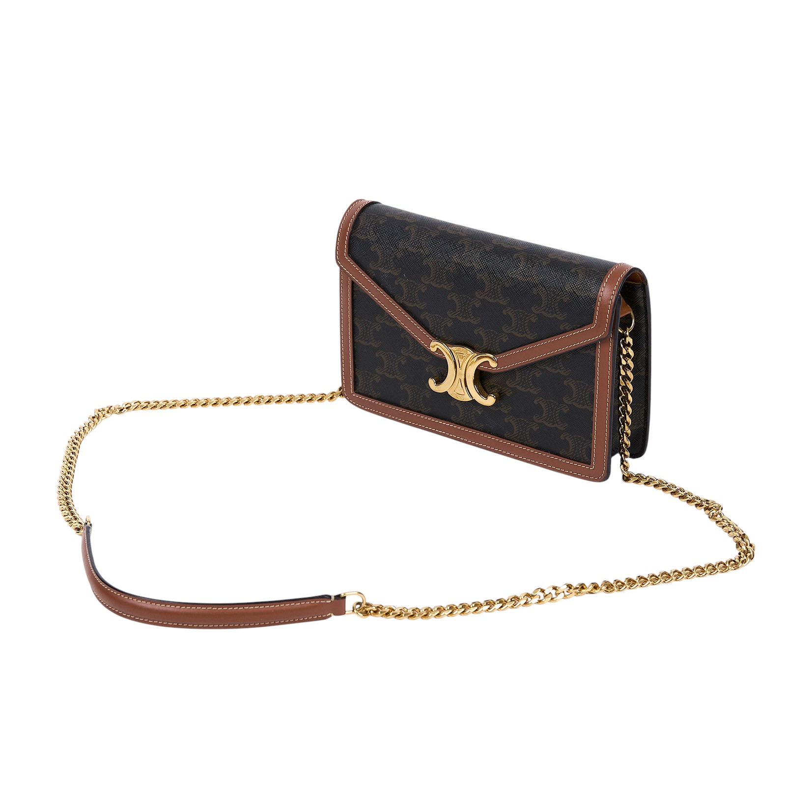 思琳 CELINE Margo 標誌印花 飾鍊錢包 10L462DQB 黃褐色凱旋門帆布MARGO WOC 防塵袋/購買證明