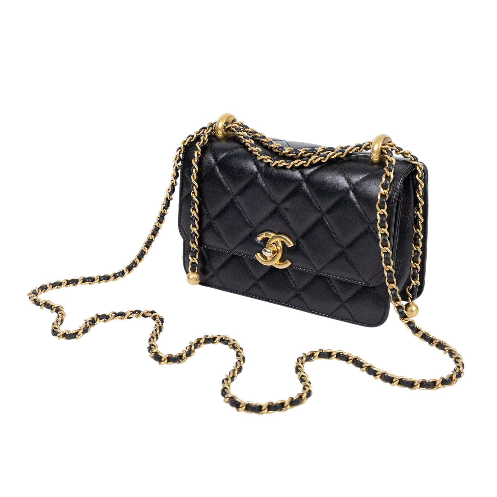 香奈兒 CHANEL 雙金球 經典 斜背 口蓋包 AS2615 晶片款 黑金羊雙金球掀蓋包 原廠盒子/防塵袋