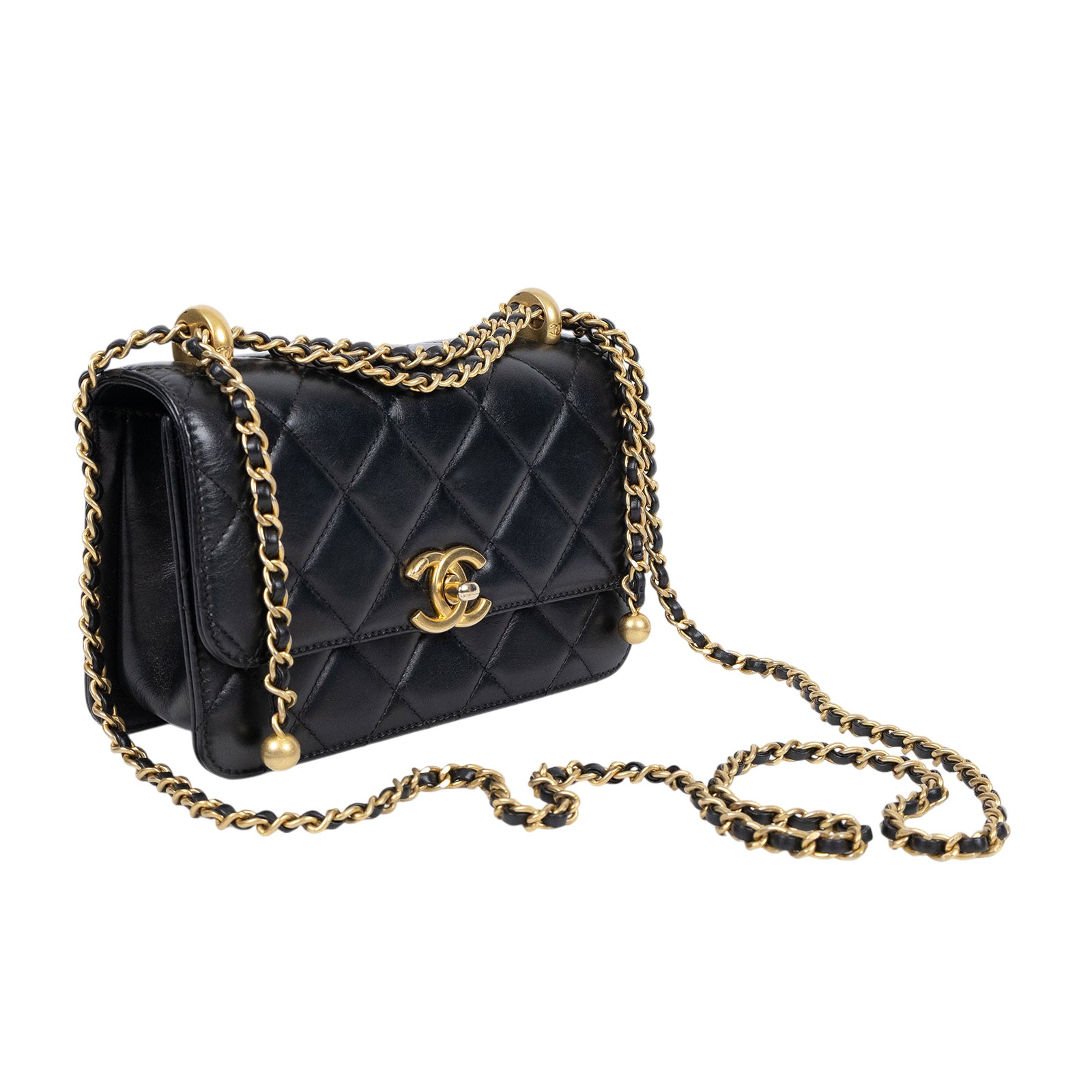 香奈兒 CHANEL 雙金球 經典 斜背 口蓋包 AS2615 晶片款 黑金羊雙金球掀蓋包 原廠盒子/防塵袋