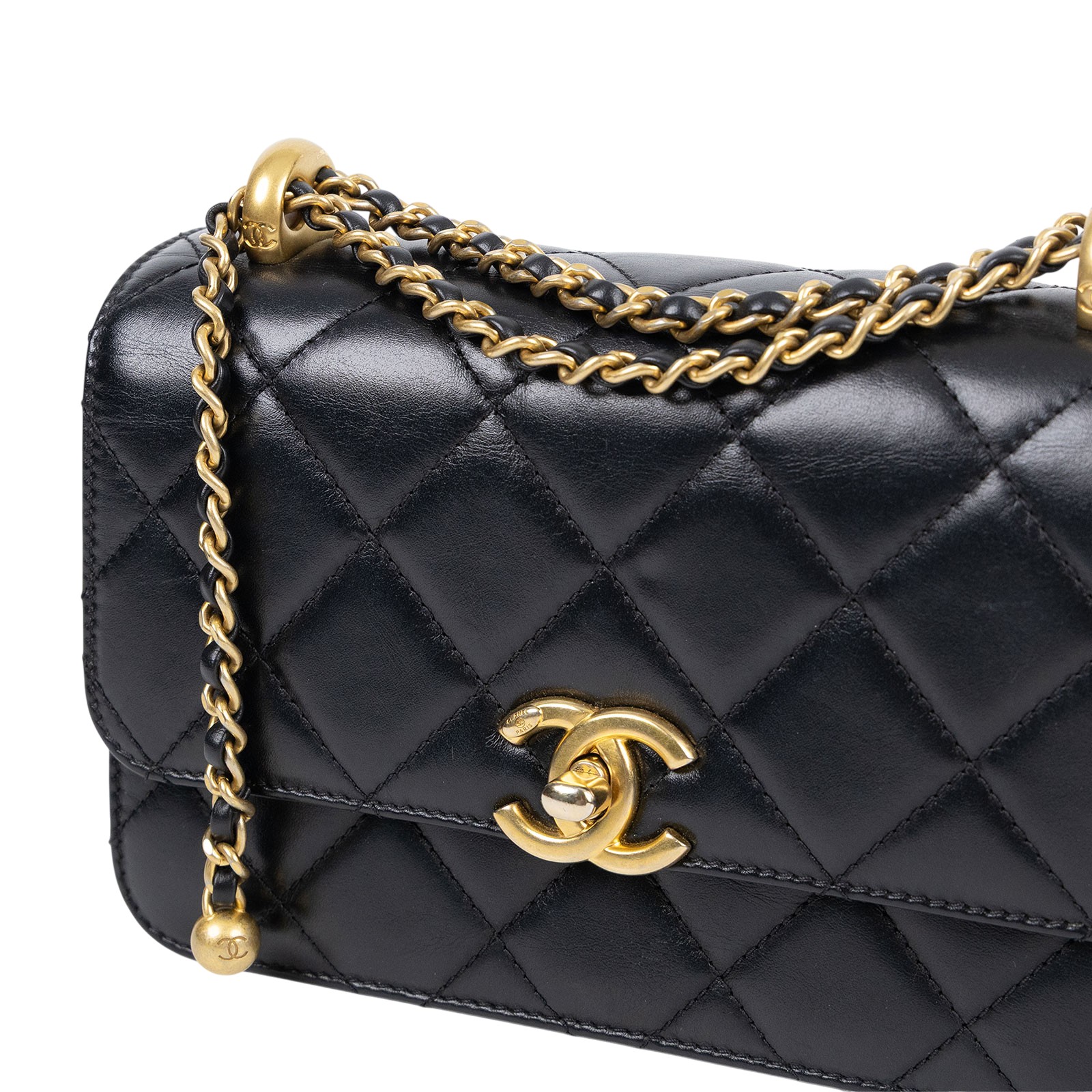 香奈兒 CHANEL 雙金球 經典 斜背 口蓋包 AS2615 晶片款 黑金羊雙金球掀蓋包 原廠盒子/防塵袋