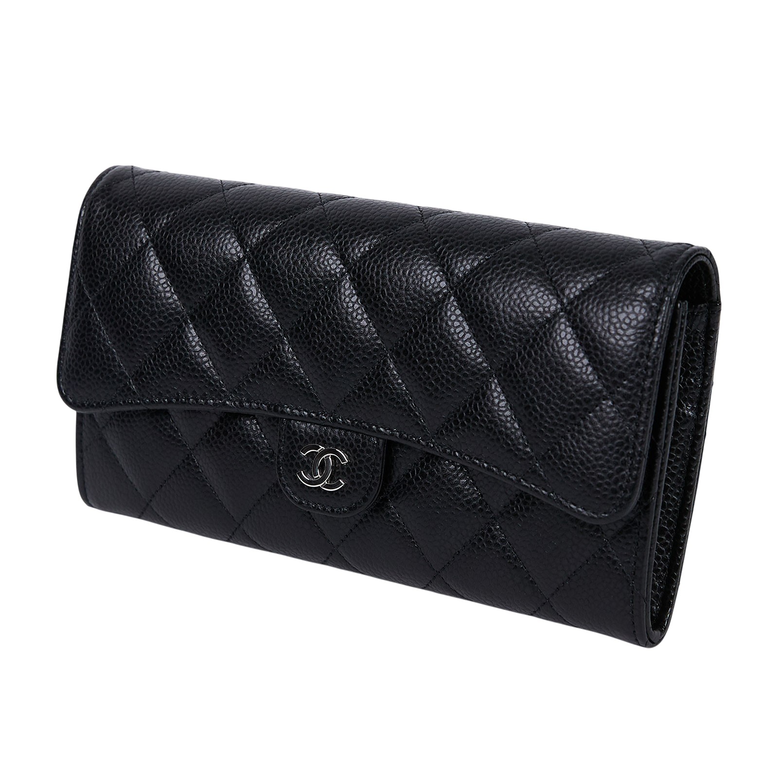 香奈兒 CHANEL CC LOGO 荔枝皮 菱格紋 扣式 長夾 A80758 晶片款 黑銀荔枝COCO長夾 防塵袋