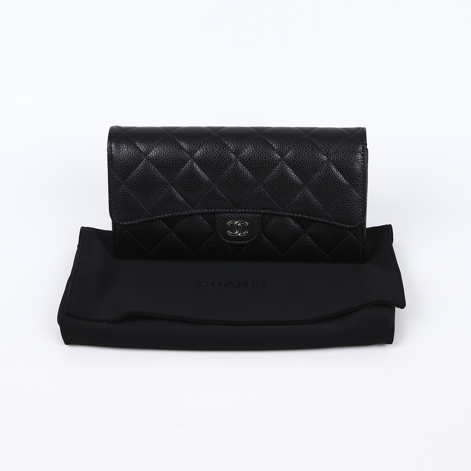 香奈兒 CHANEL CC LOGO 荔枝皮 菱格紋 扣式 長夾 A80758 晶片款 黑銀荔枝COCO長夾 防塵袋