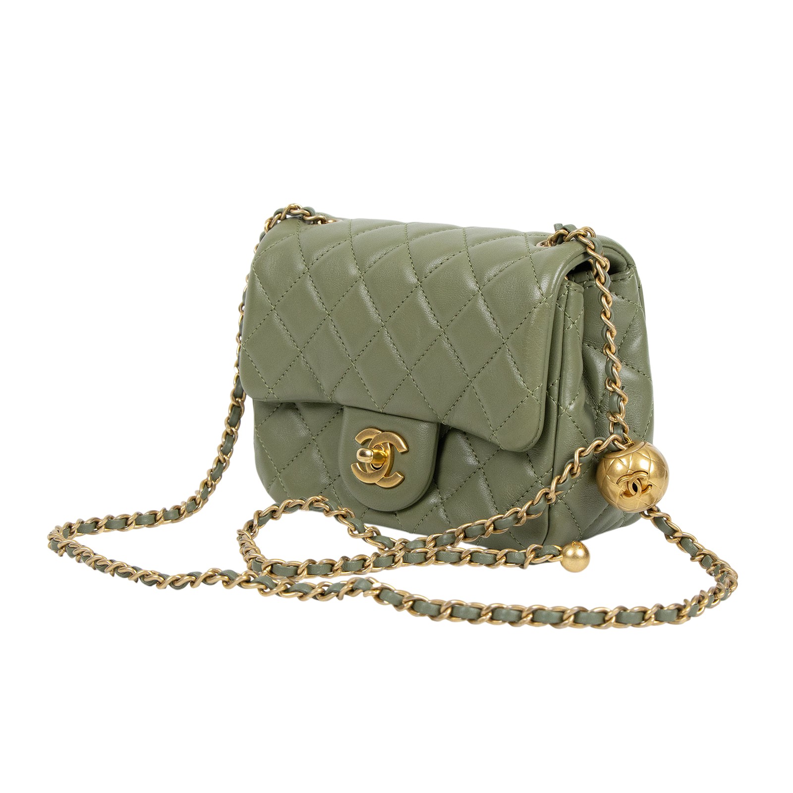 香奈兒 CHANEL 金球 方胖 口蓋包 羊皮 Mini Square Coco 綠色 C872X1KH 綠羊金球方胖 原廠盒子/防塵袋