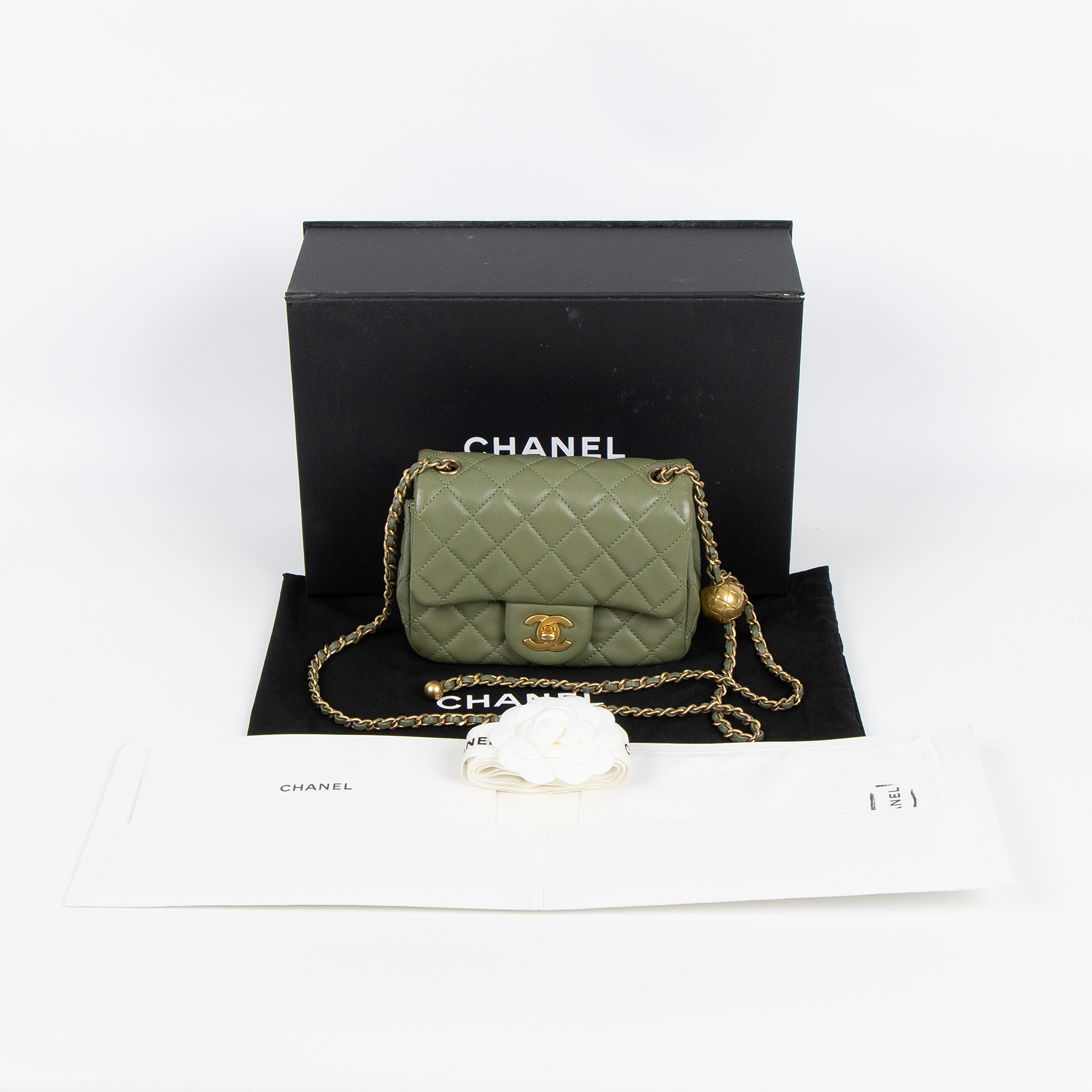 香奈兒 CHANEL 金球 方胖 口蓋包 羊皮 Mini Square Coco 綠色 C872X1KH 綠羊金球方胖 原廠盒子/防塵袋