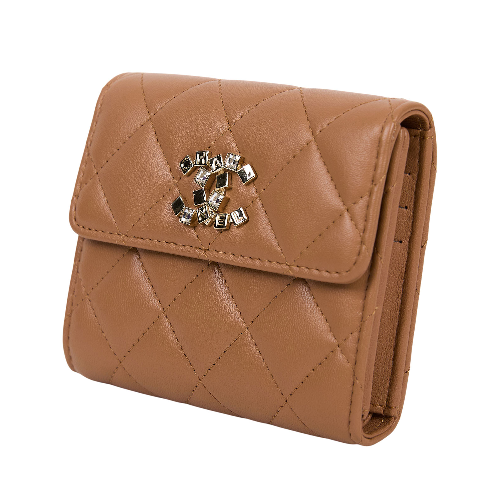 香奈兒 CHANEL 錢包 短夾 AP3839 晶片款 焦糖水鑽羊皮三折短夾 原廠盒子/防塵袋