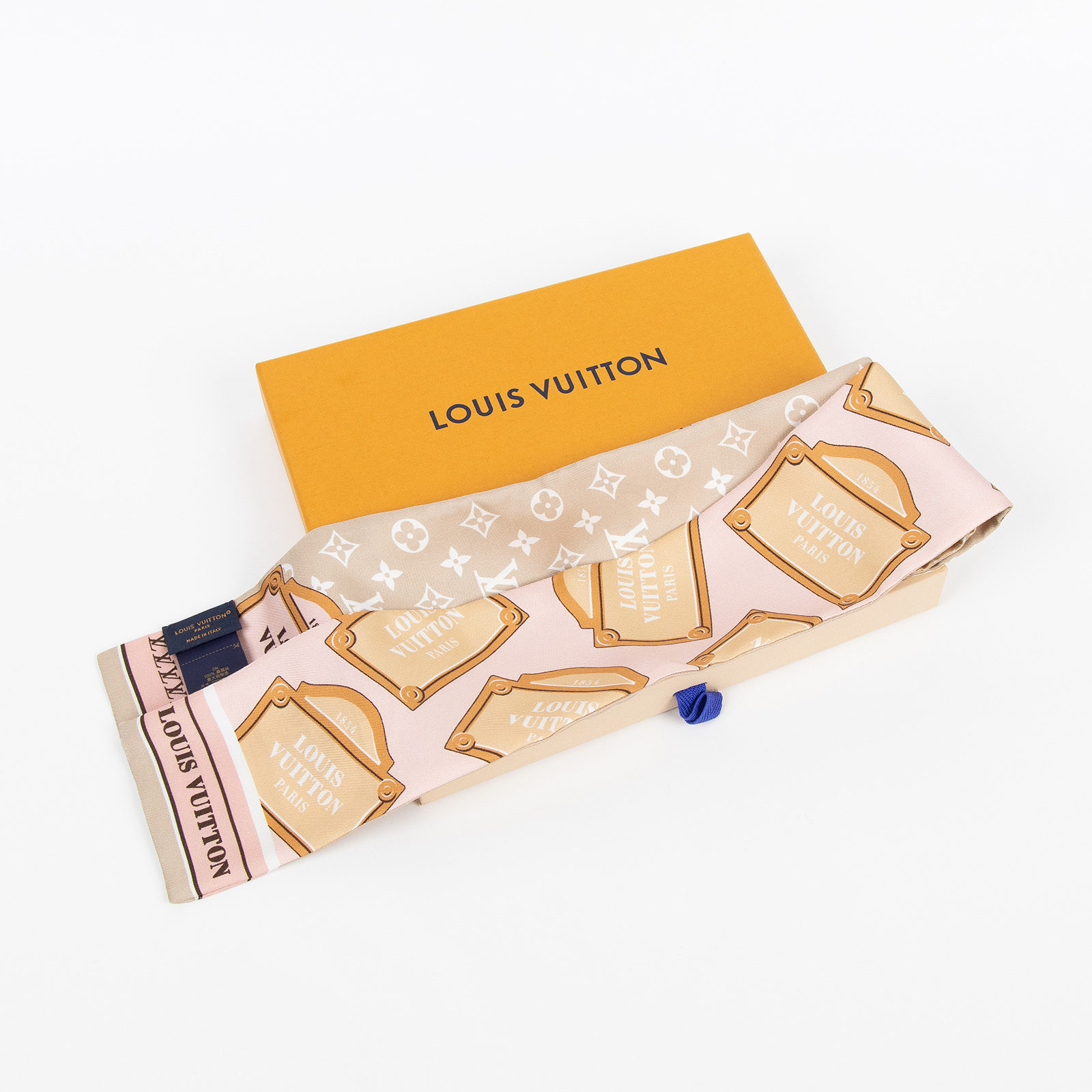 路易威登 LOUIS VUITTON Monopaname 老花 絲巾 髮帶 圍巾 綁帶 M79302 粉灰原花TWILLY 原廠盒子