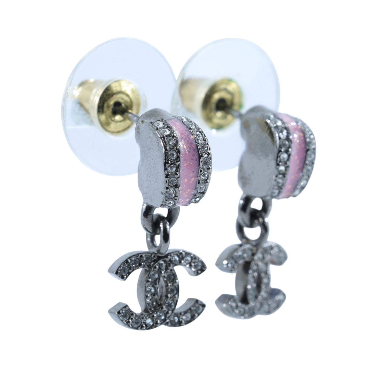 香奈兒 CHANEL CC 耳環 C25 B 鍍黑拚粉鑲水鑽耳環 原廠盒子