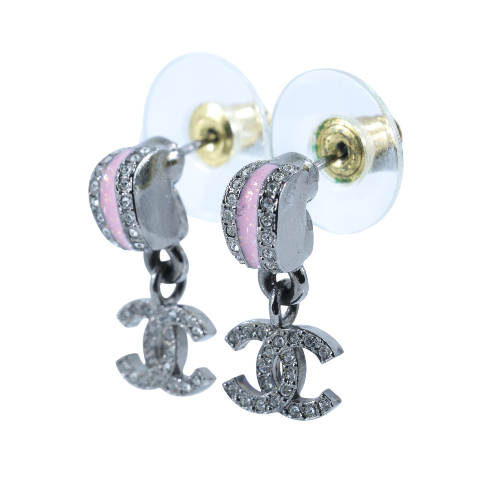 香奈兒 CHANEL CC 耳環 C25 B 鍍黑拚粉鑲水鑽耳環 原廠盒子