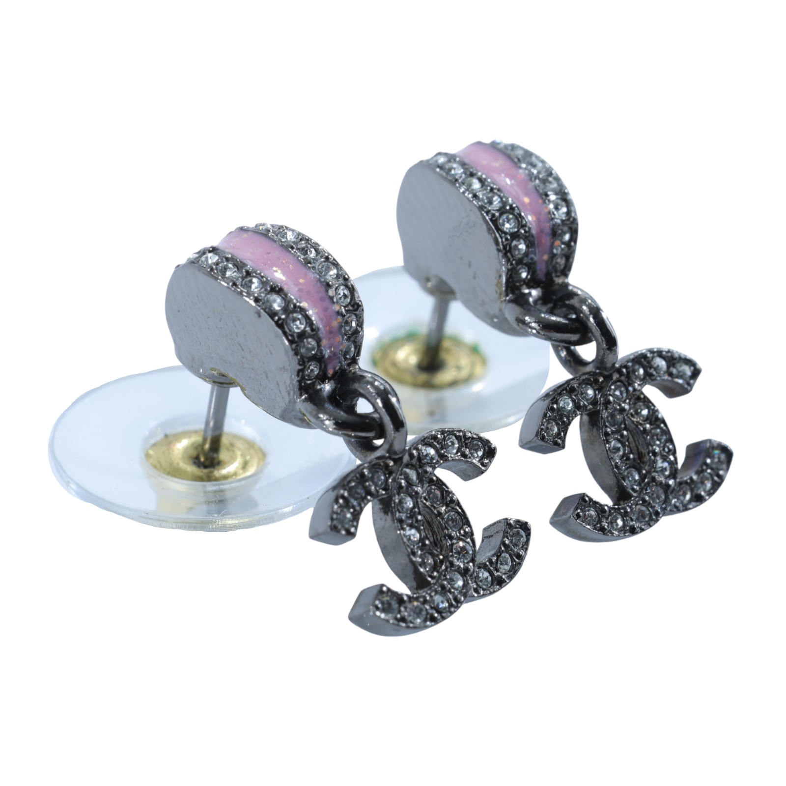 香奈兒 CHANEL CC 耳環 C25 B 鍍黑拚粉鑲水鑽耳環 原廠盒子