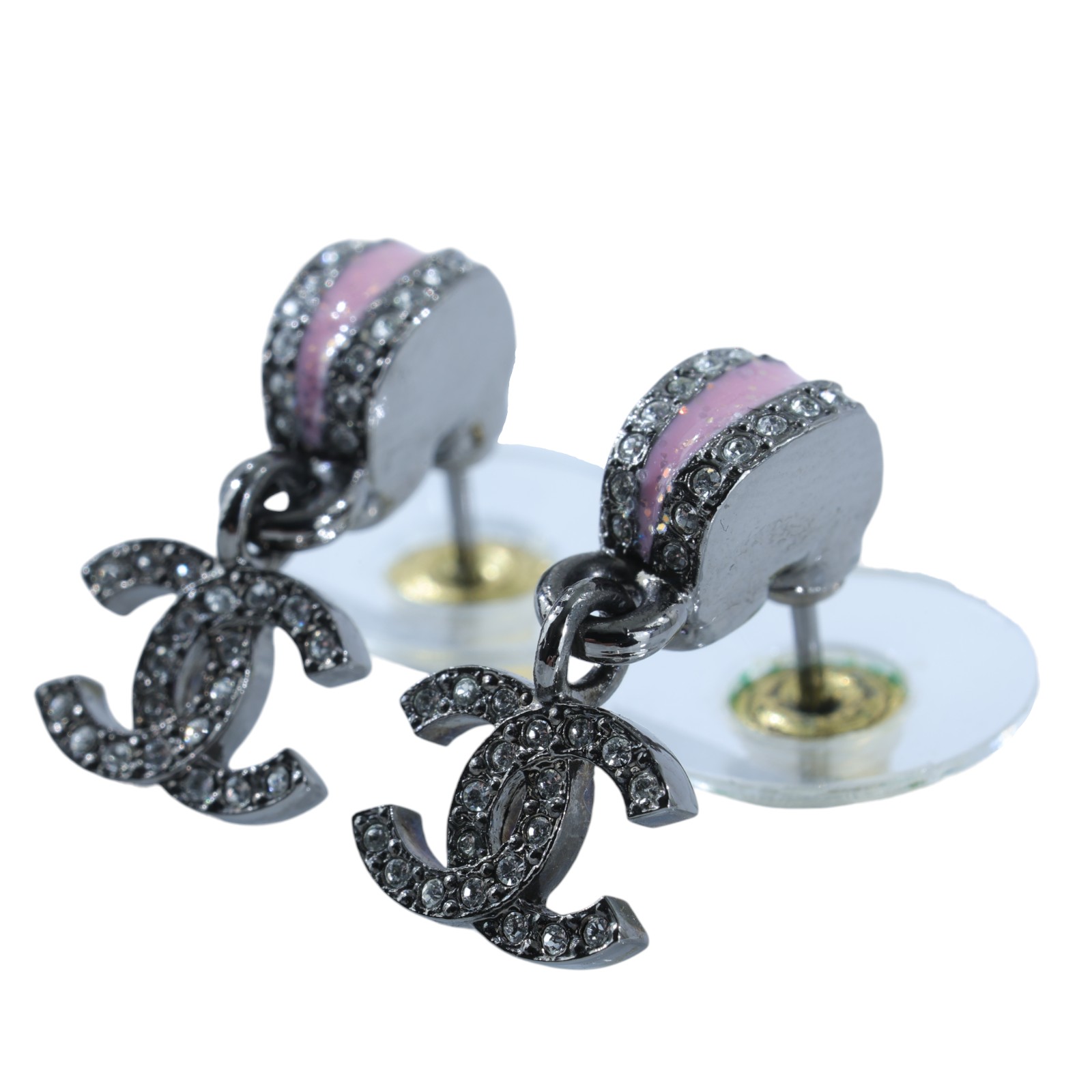 香奈兒 CHANEL CC 耳環 C25 B 鍍黑拚粉鑲水鑽耳環 原廠盒子