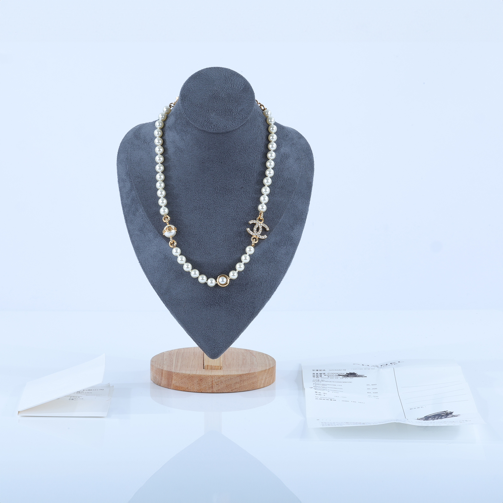 香奈兒 CHANEL CC 項鍊 ABC088 B14702B23K/ABC088B14702NS709 金珍珠水鑽雙C項鍊 購買證明